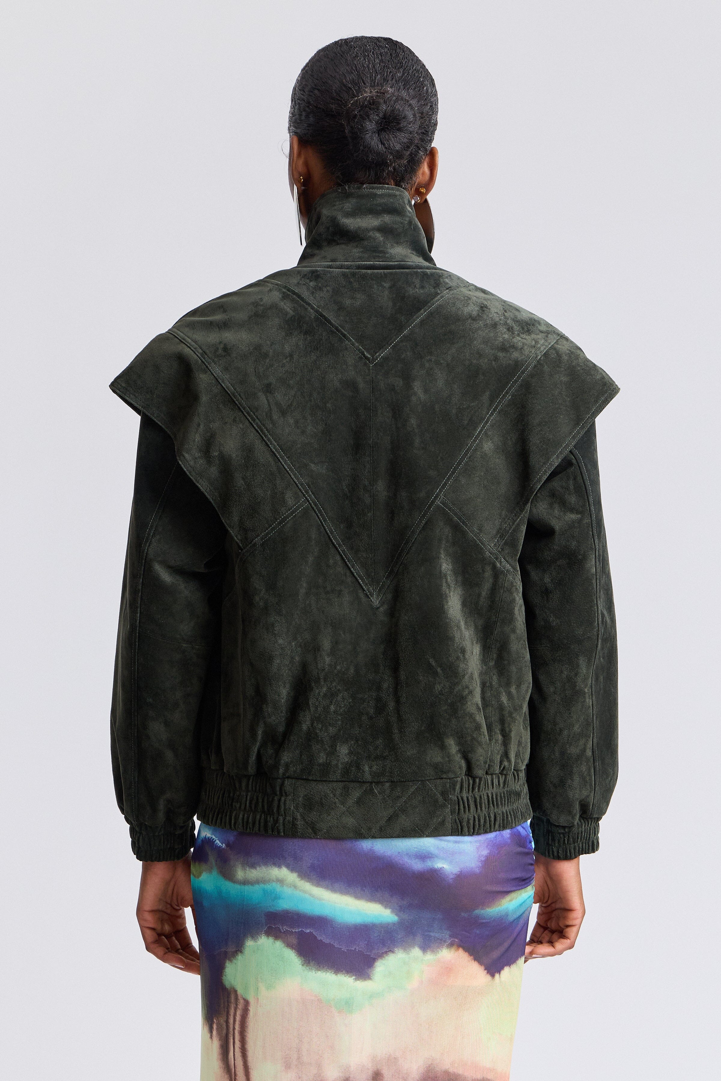 Green suede jacket with high stand collar and long sleeves - Shop women's bomber jackets by Avec Les Filles.