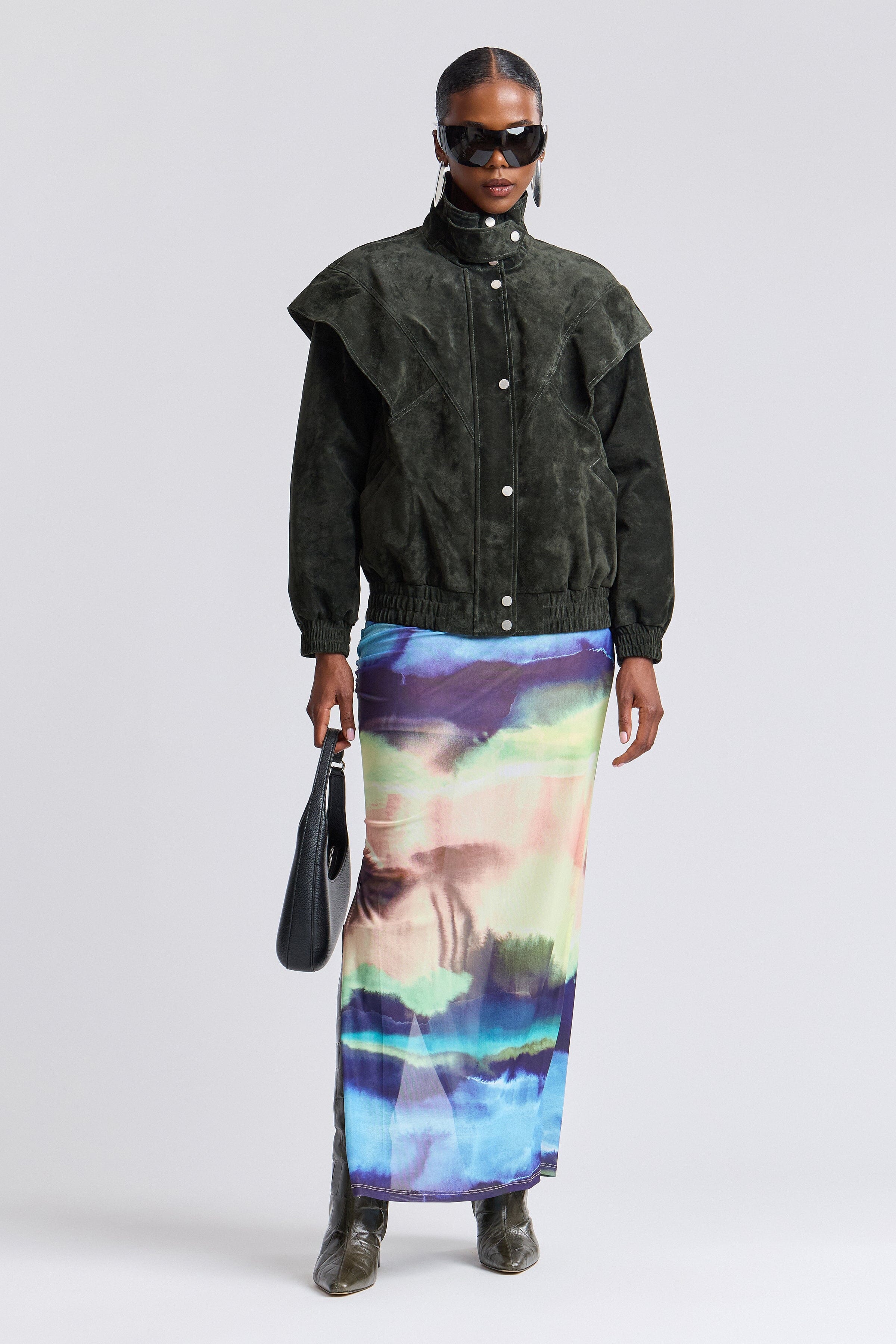 suede bomber jacket women with high stand collar and long sleeves - Shop designer jackets by Avec Les Filles.