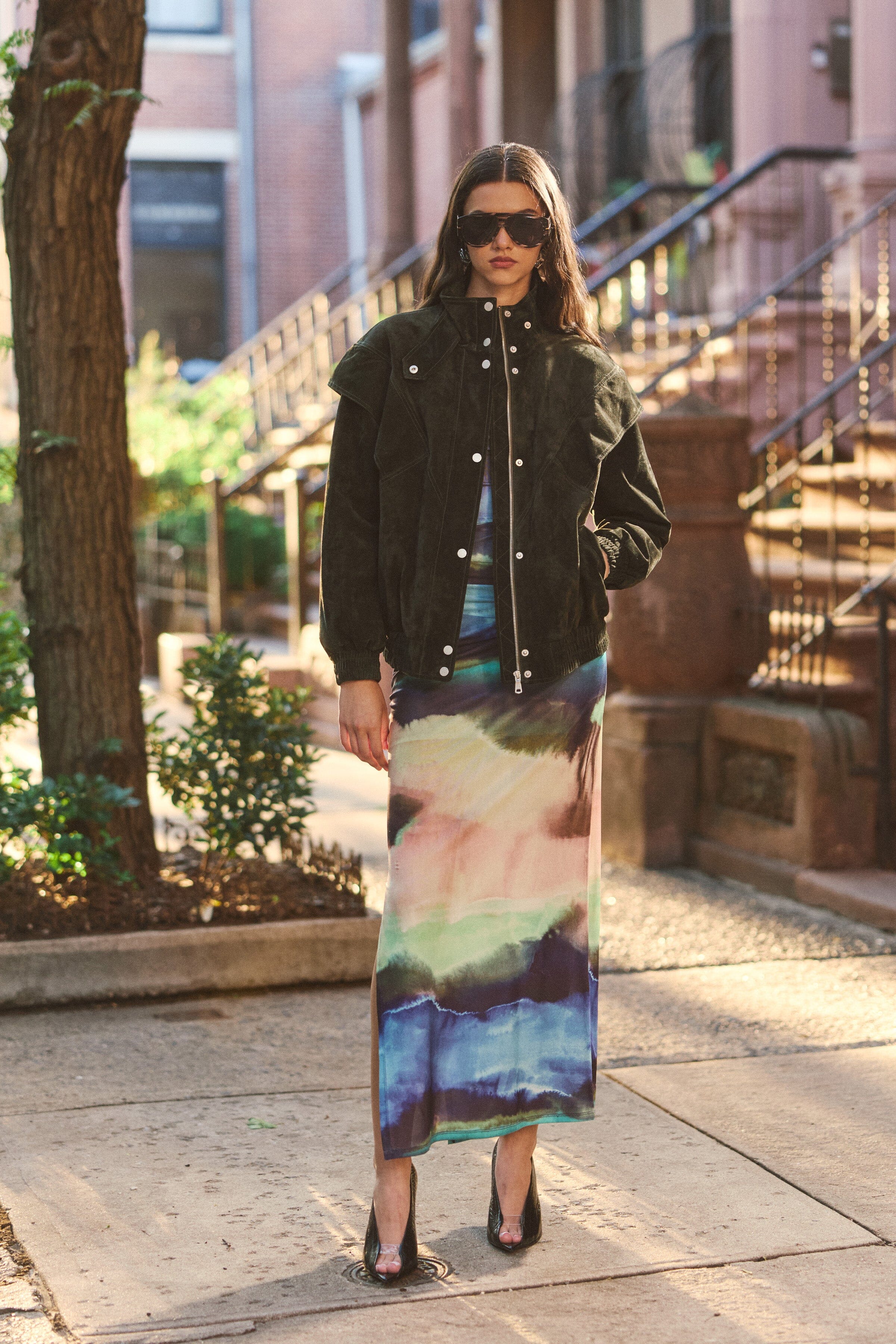 Green bomber jacket with snap-front and long sleeves - Shop women's bomber jackets by Avec Les Filles.