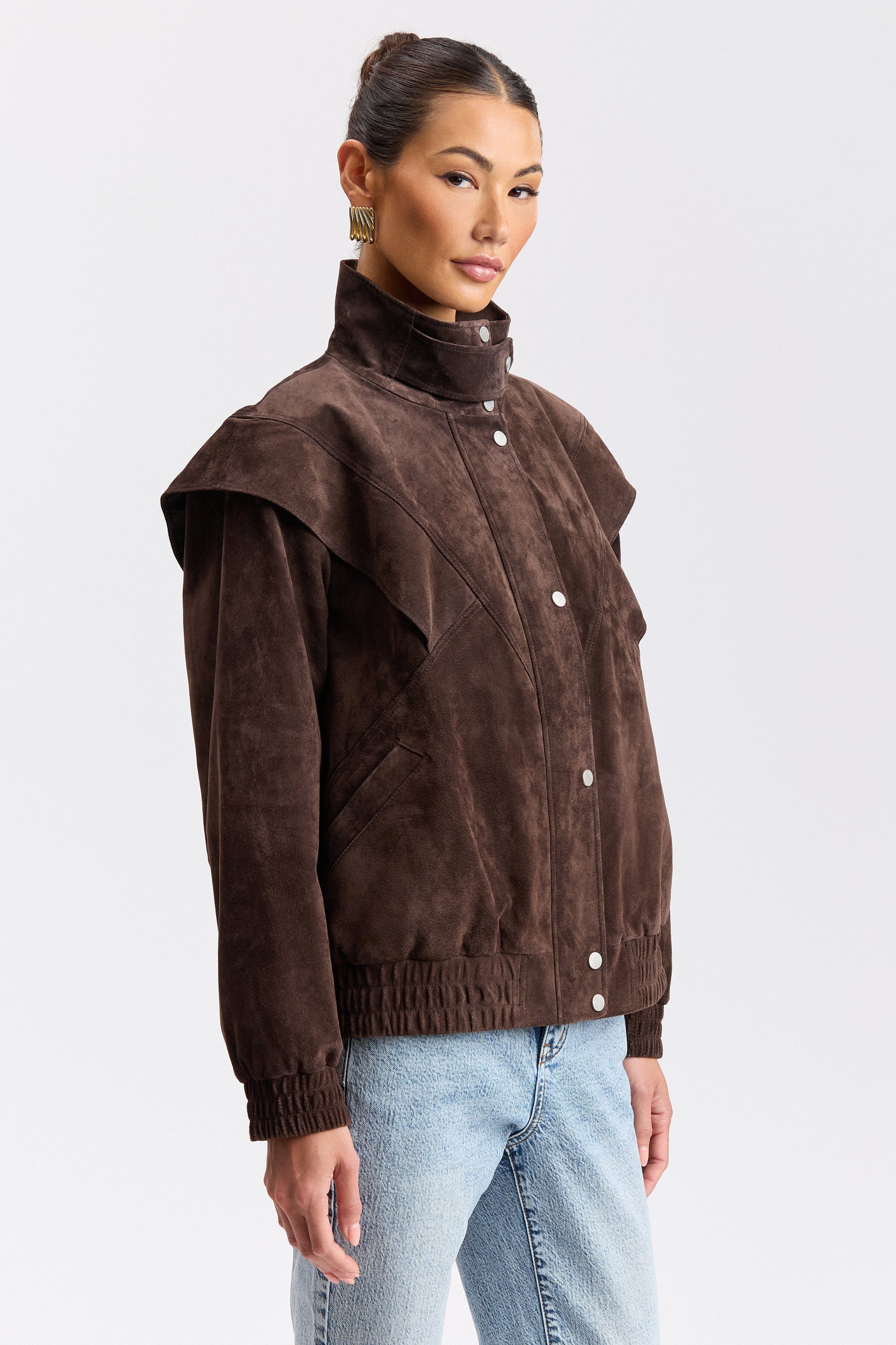 Brown suede women's jacket with high stand collar and long sleeves - Shop bomber jackets by Avec Les Filles.