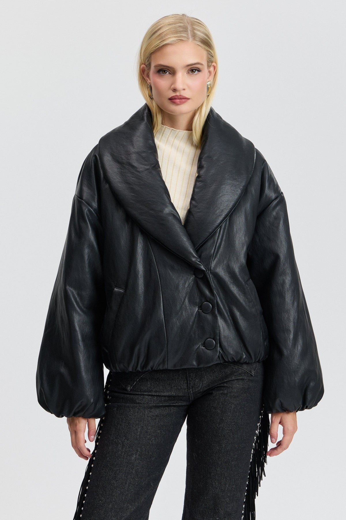 Faux leather black puffer coat with an shawl collar and button front. Shop cute black puffer jackets by Avec Les Filles. 