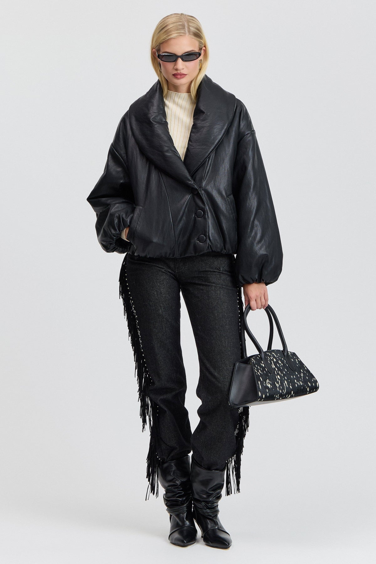 Faux leather puffer coat black with shawl collar and button front. Shop designer black puffer jackets by Avec Les Filles. 