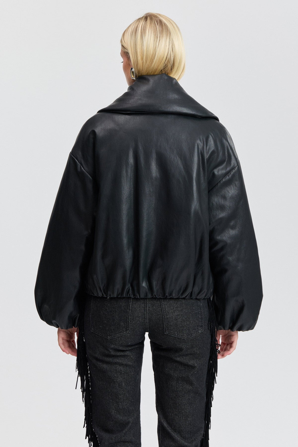 Faux leather black puffer jacket with an oversized shawl collar - Shop women's black puffer jackets by Avec Les Filles. 
