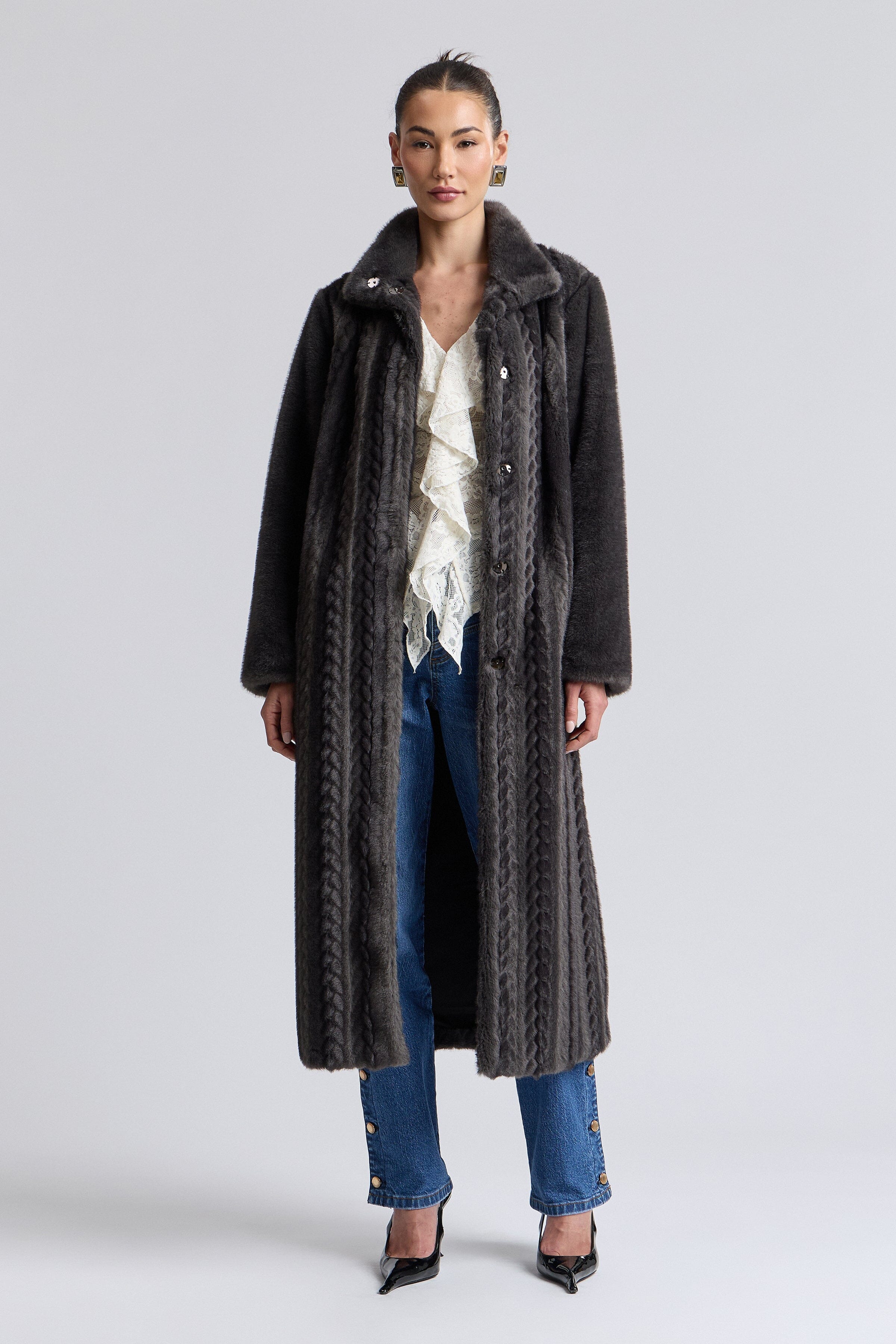 Striped oversized black long faux fur coat with long sleeves - Shop women's long mink coats by Avec Les Filles.