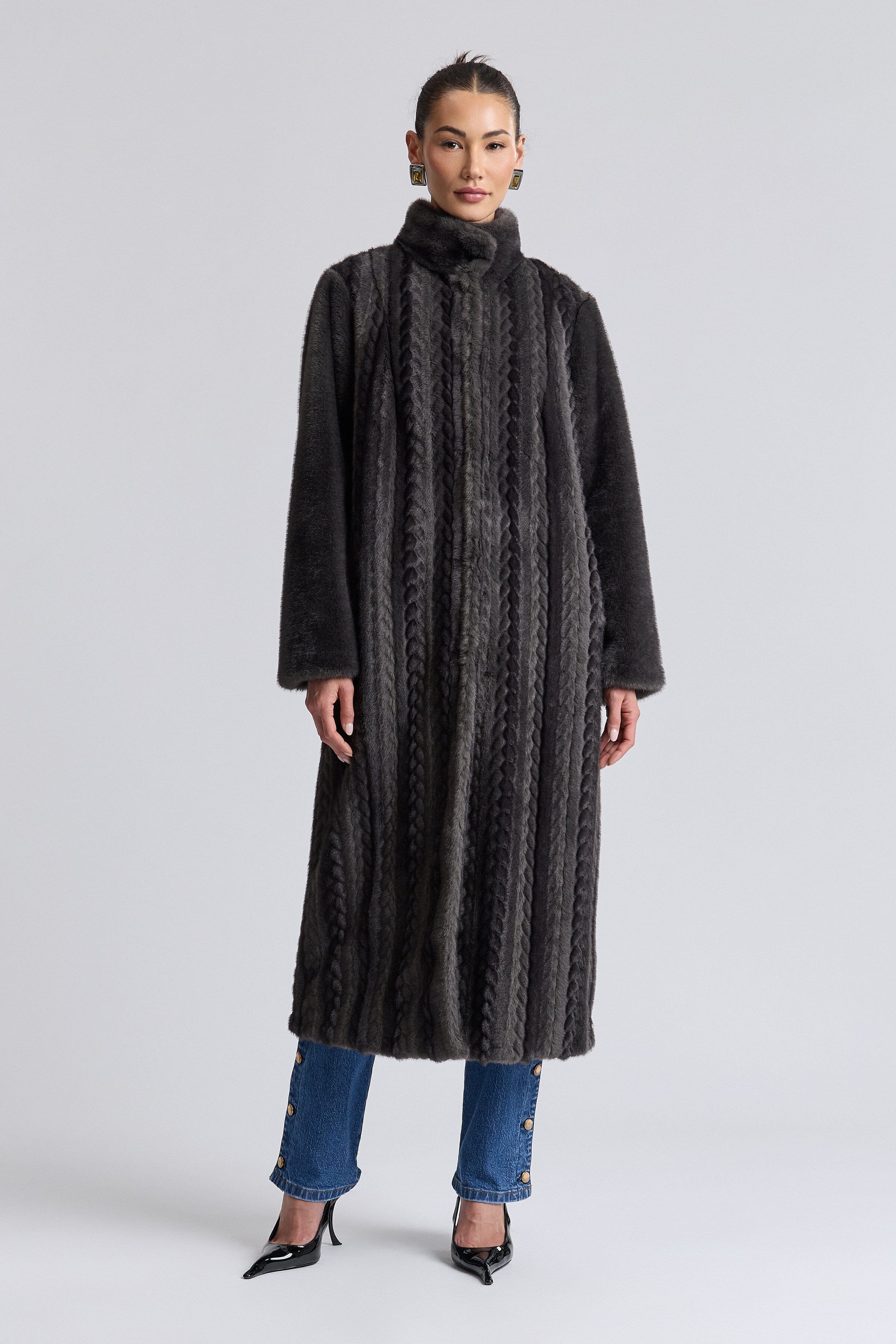 Striped oversized faux fur black coat with long sleeves - Shop designer women's long mink coats by Avec Les Filles.