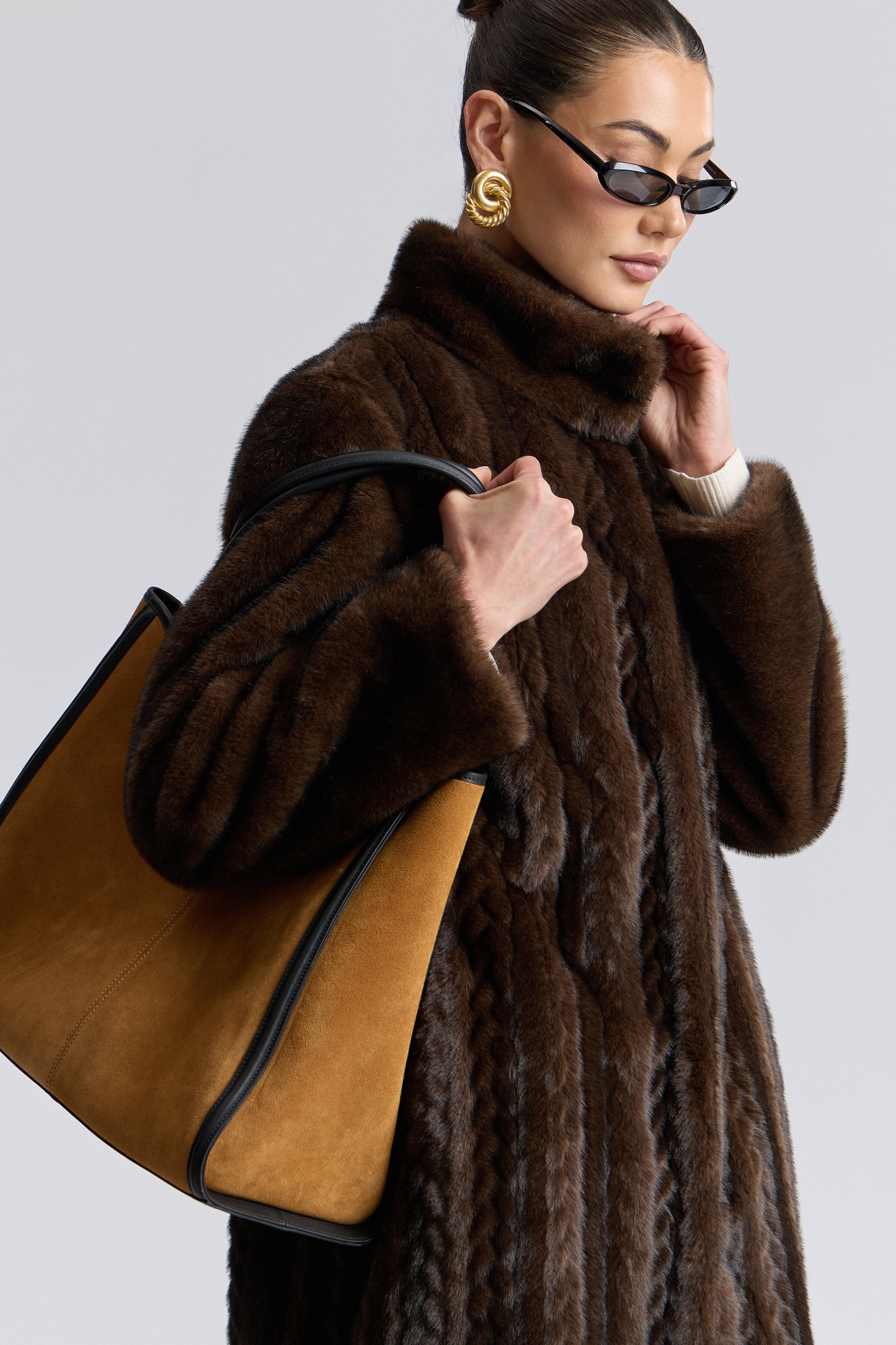 Striped oversized brown faux fur full length coat with long sleeves - Shop women's long coats by Avec Les Filles.