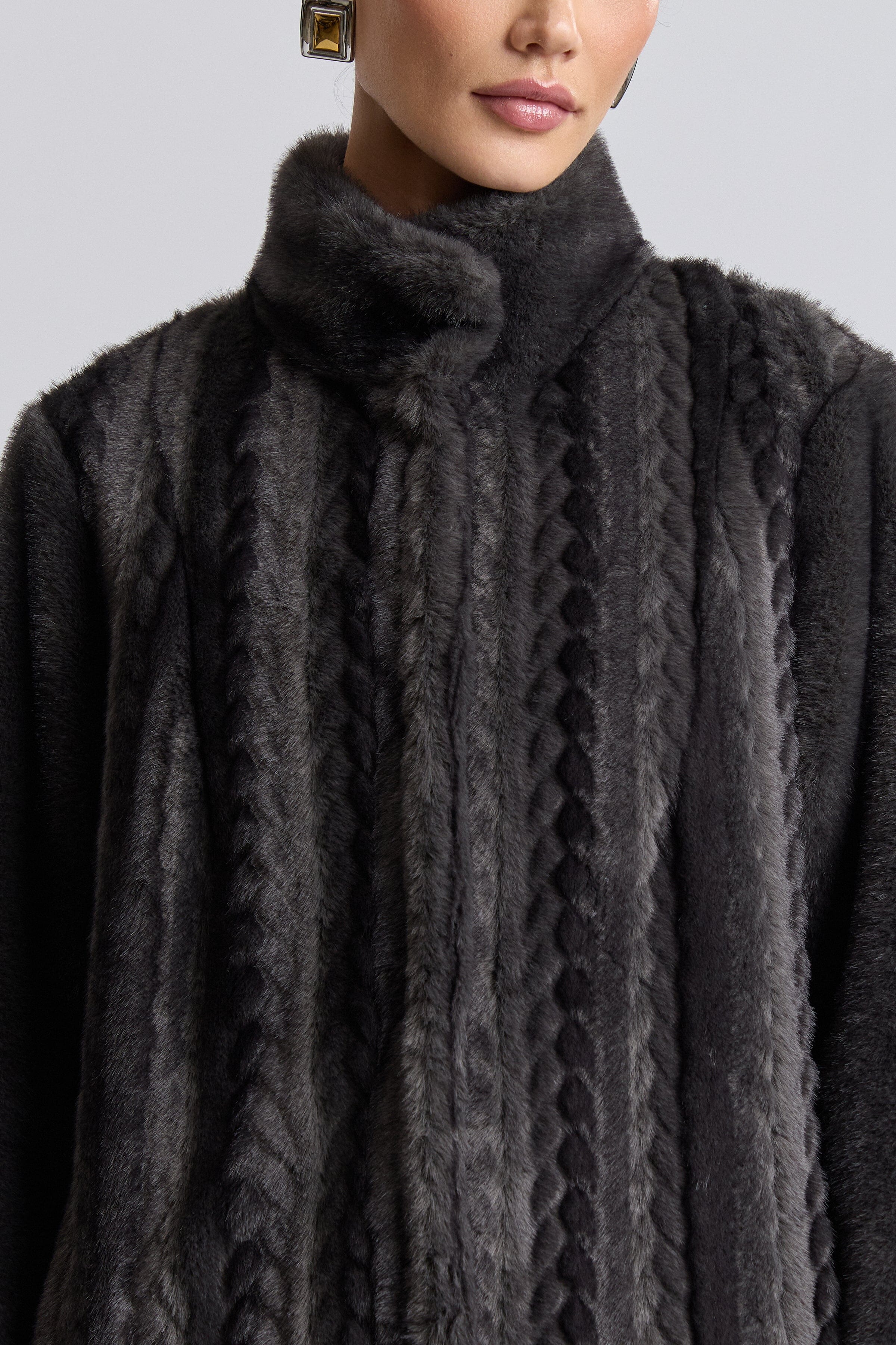 Striped oversized long faux fur coat black with snap closure - Shop women's long mink coats by Avec Les Filles.
