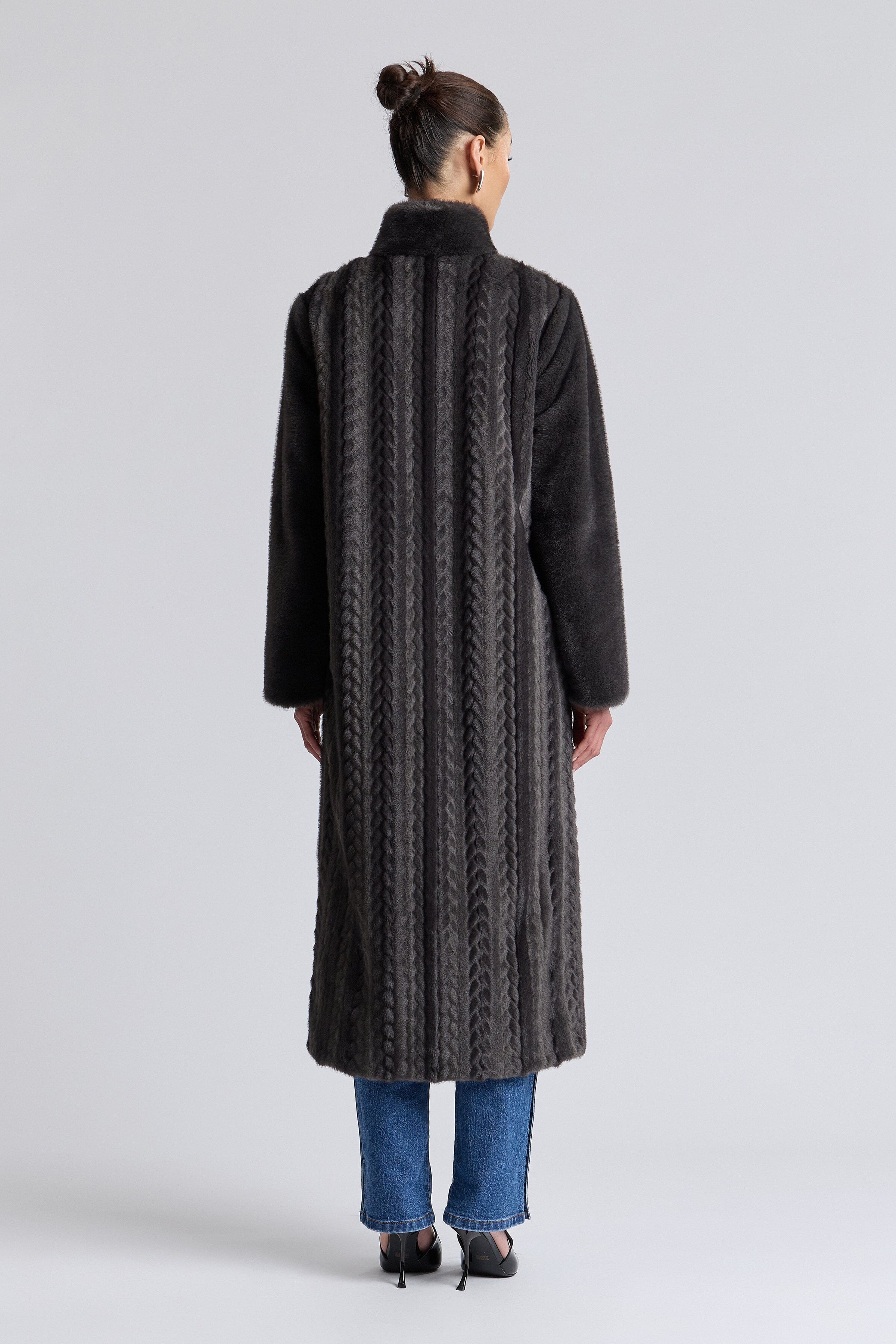 Striped oversized faux black fur coat with long sleeves - Shop designer women's long mink coats by Avec Les Filles.
