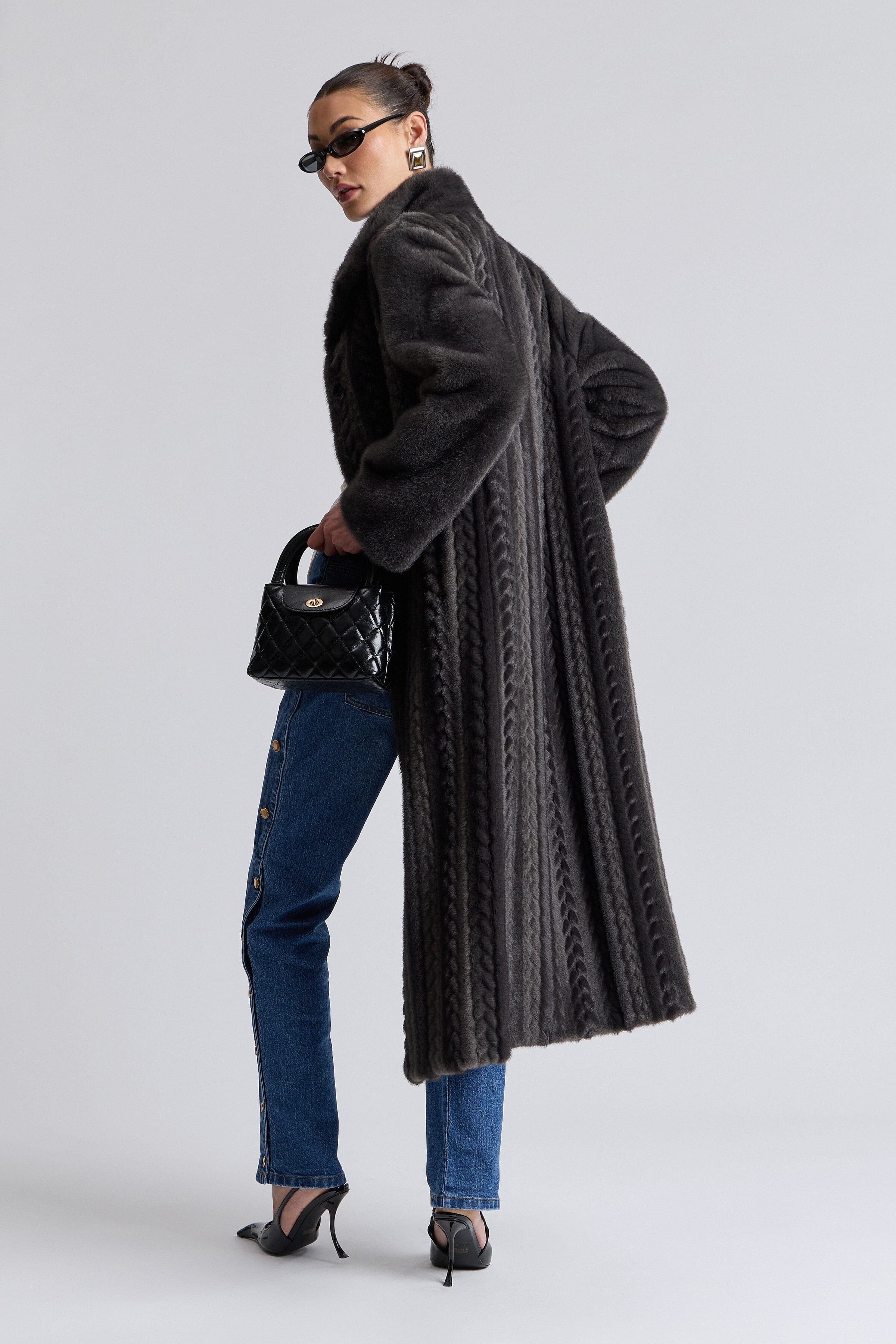 Striped oversized black faux fur coat with long sleeves - Shop designer long mink coats by Avec Les Filles.