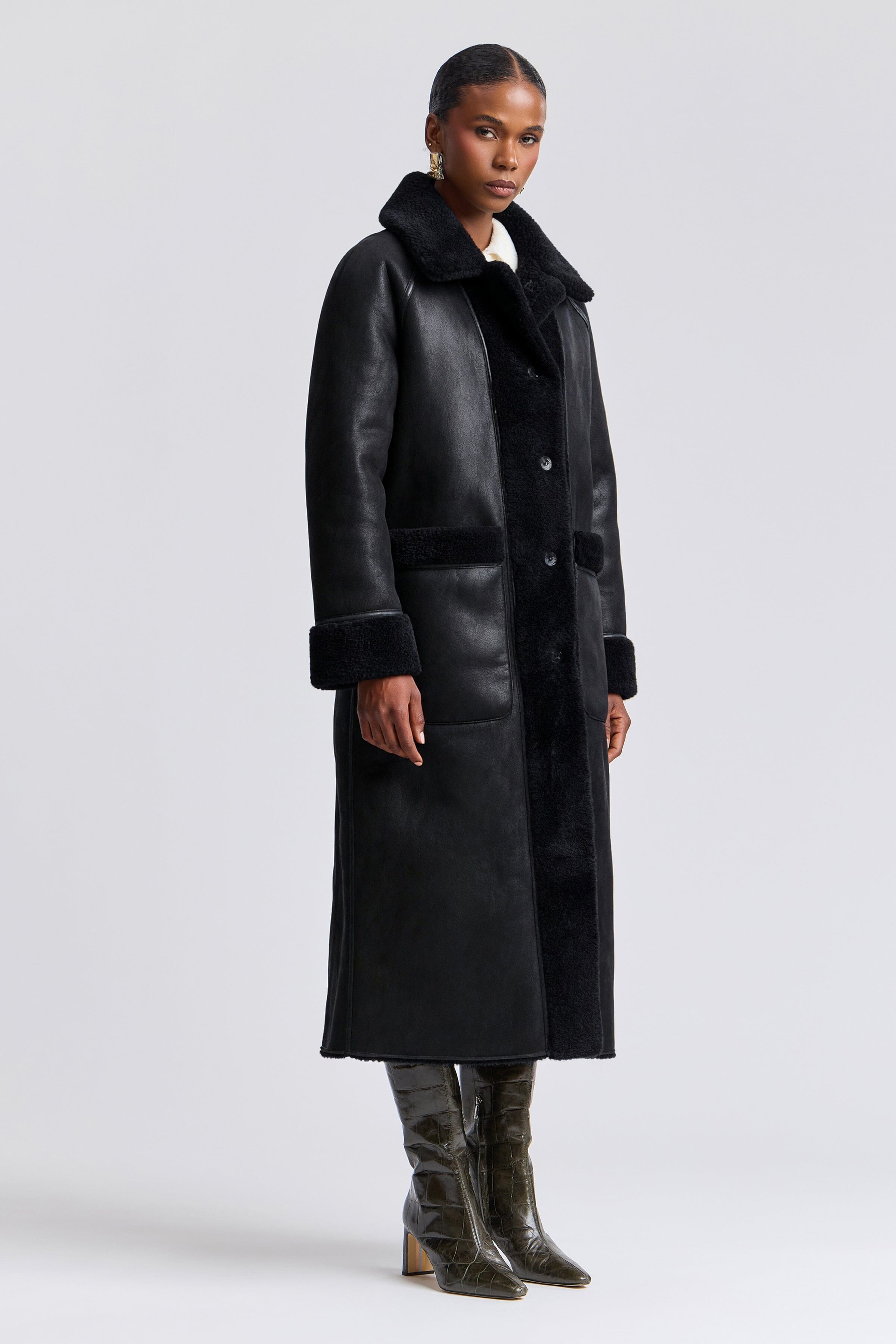 Reversible shearling long coat black with front button and raglan sleeves - Shop women's maxi coats by Avec Les Filles.