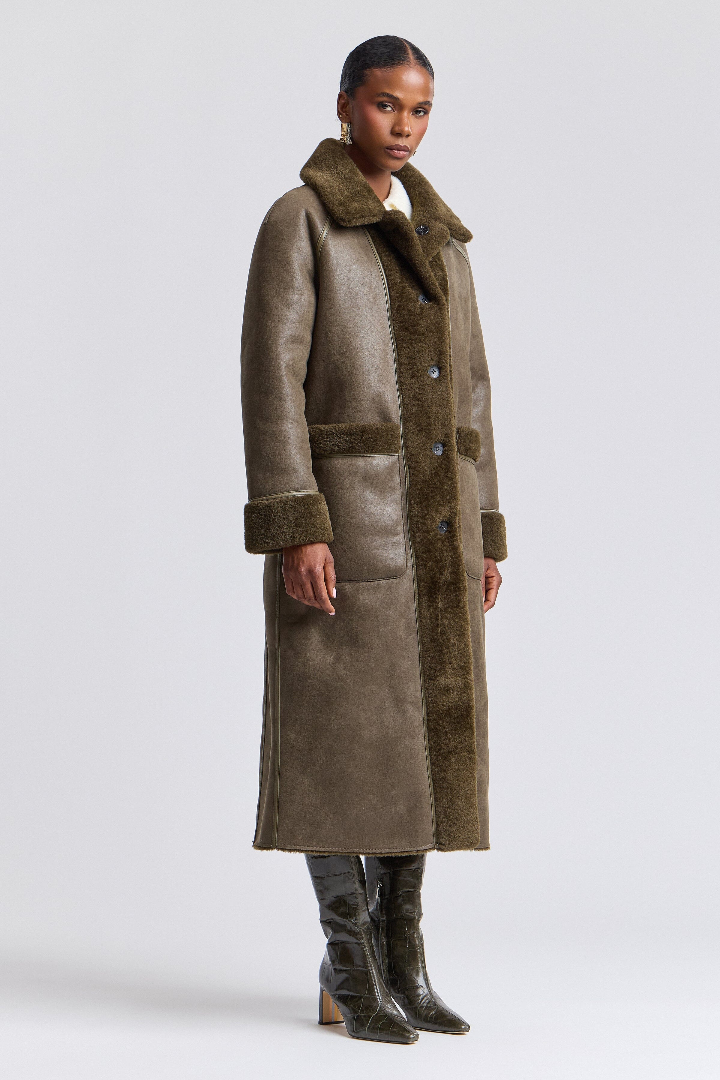 Reversible dark olive faux womens shearling coat with raglan sleeves - Shop long maxi coats by Avec Les Filles.