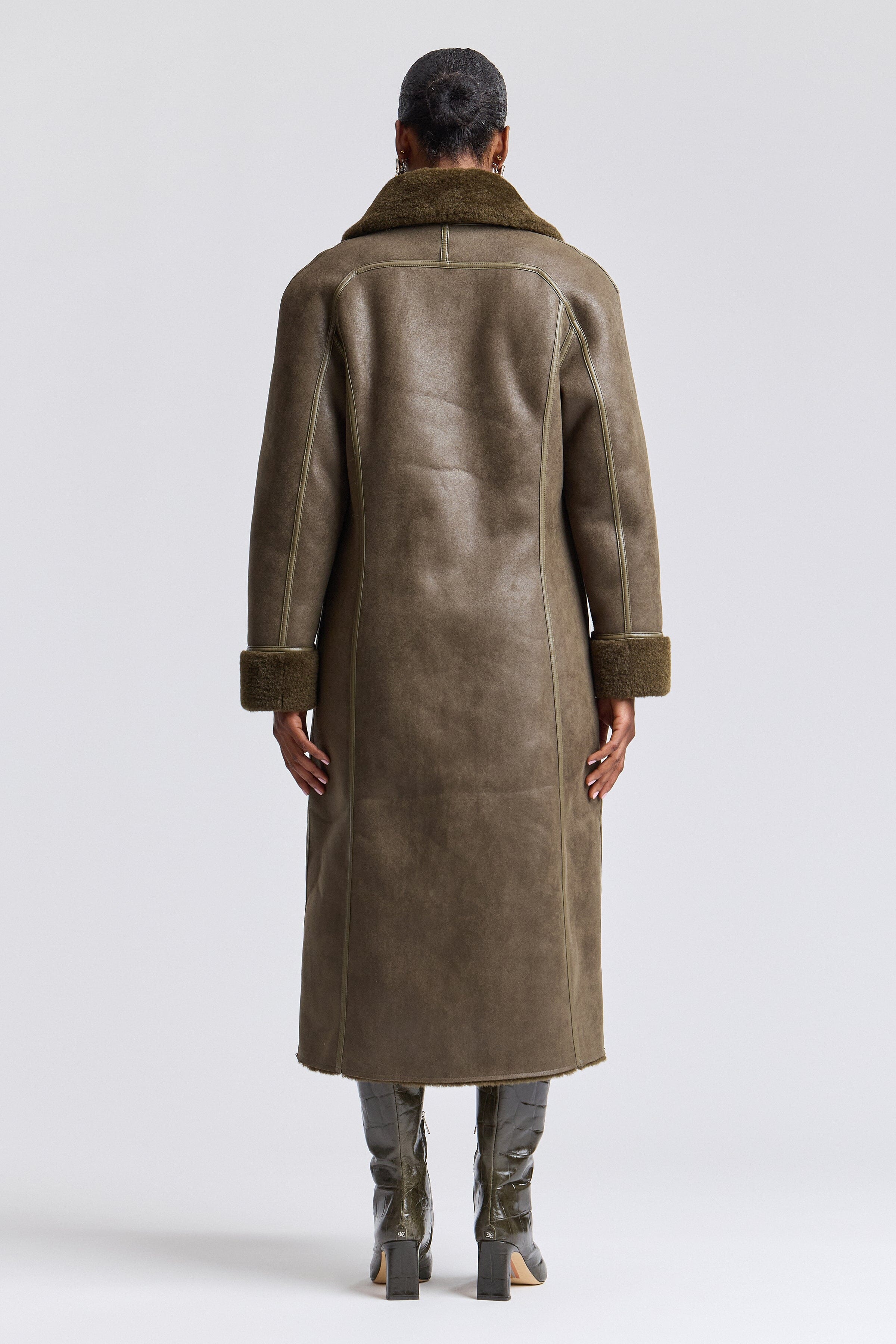 Reversible dark olive faux shearling coat with raglan sleeves - Shop women's long maxi coats by Avec Les Filles.