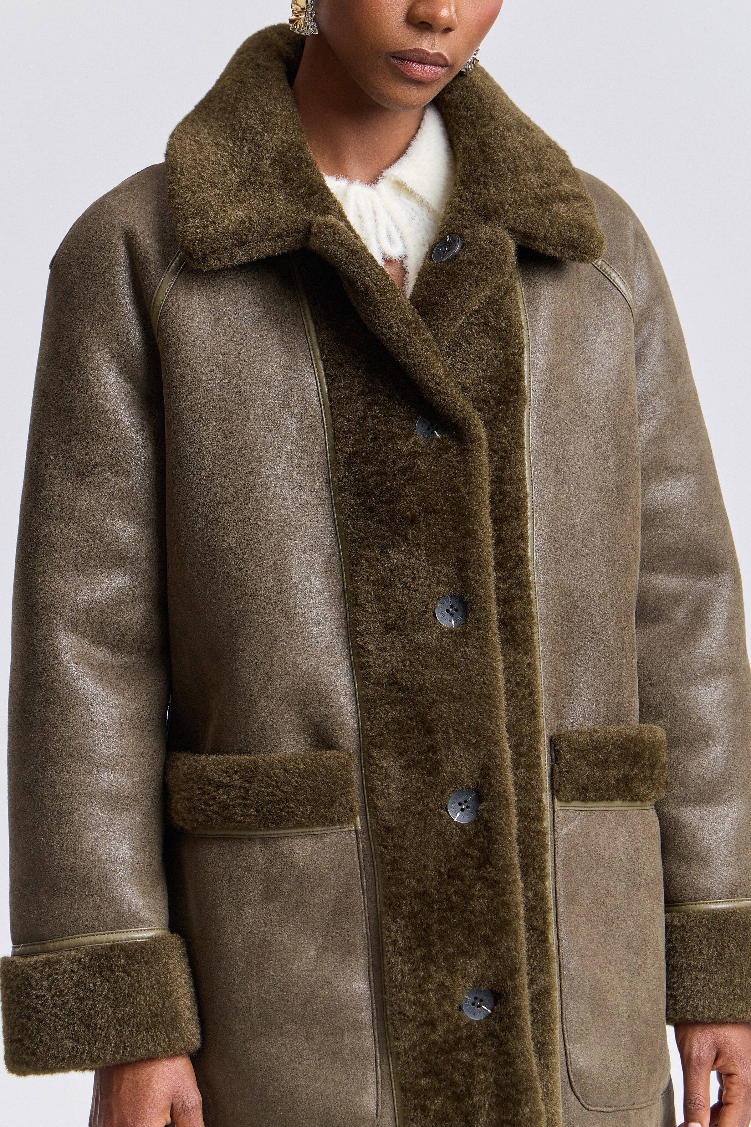 Dark olive shearling long coat with front button and raglan sleeves - Shop women's maxi coats by Avec Les Filles.