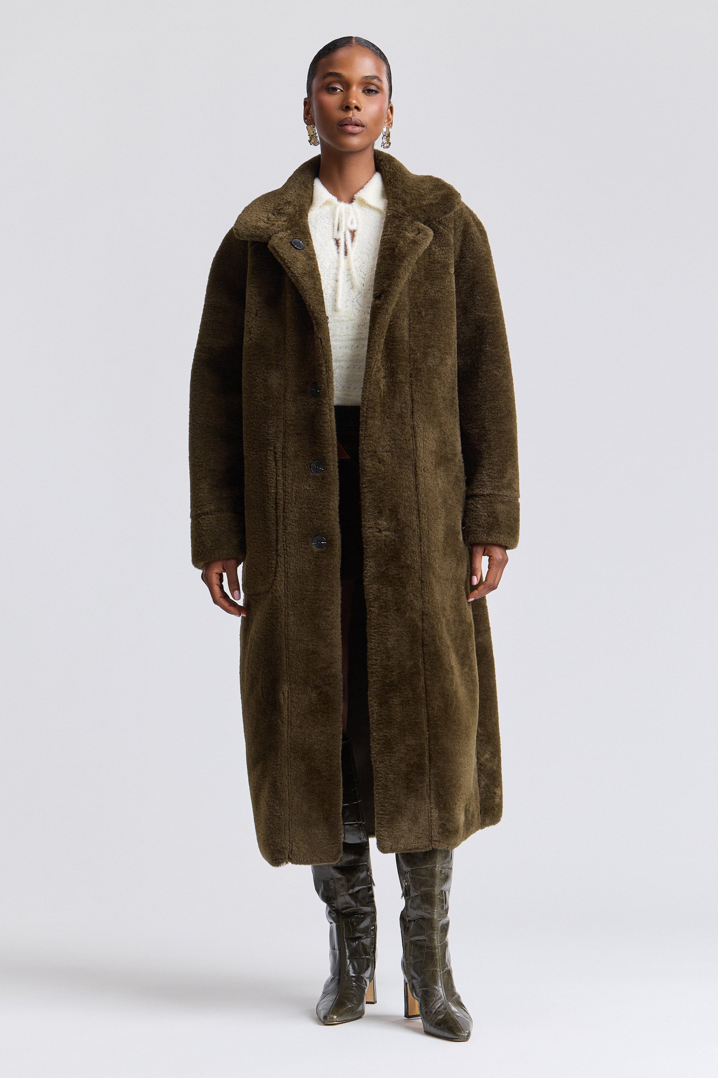 Reversible dark olive faux shearling coat with raglan sleeves - Shop women's shearling coats by Avec Les Filles.