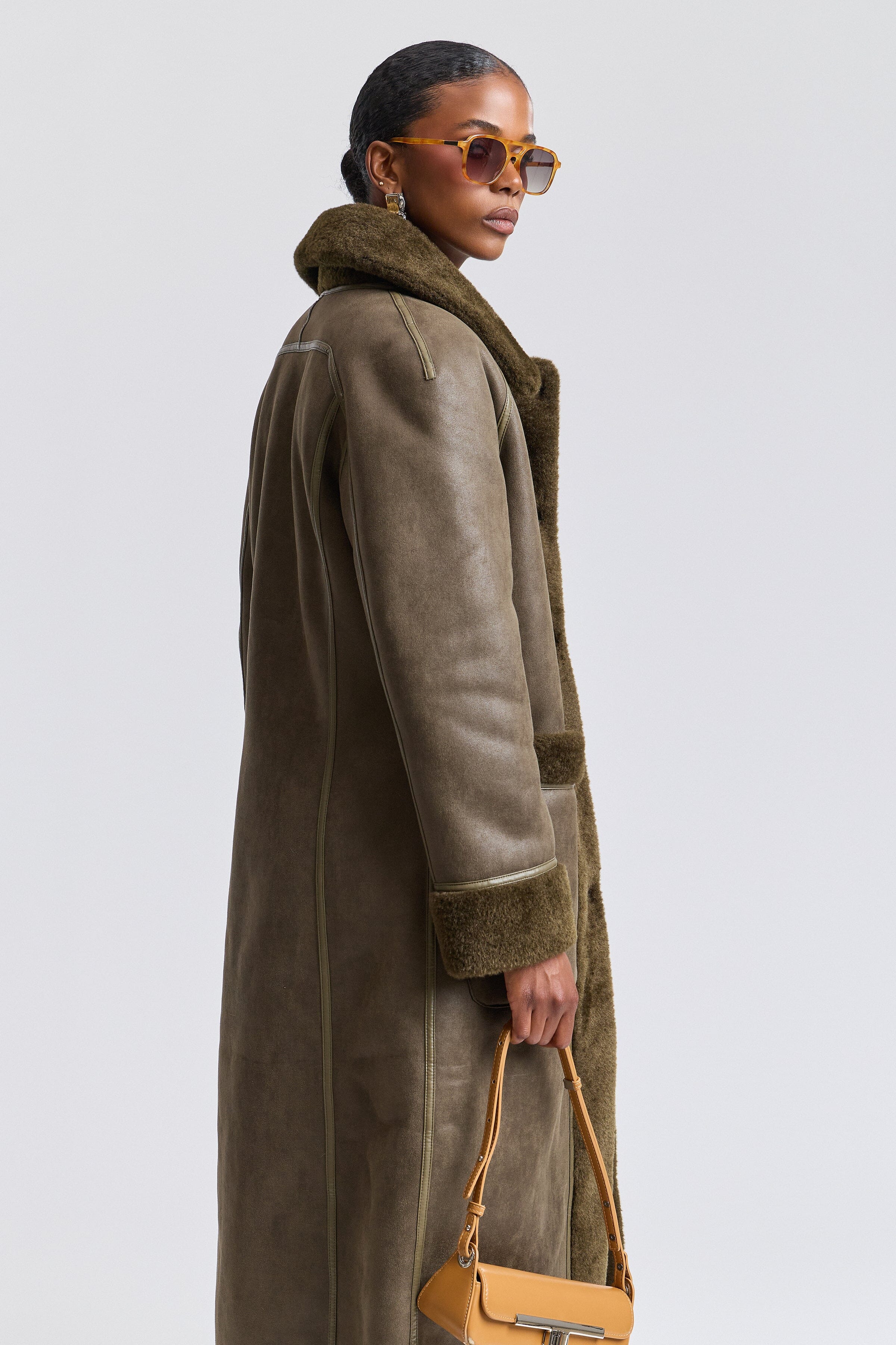 Dark olive faux shearling coat women with raglan sleeves - Shop designer long maxi coats by Avec Les Filles.