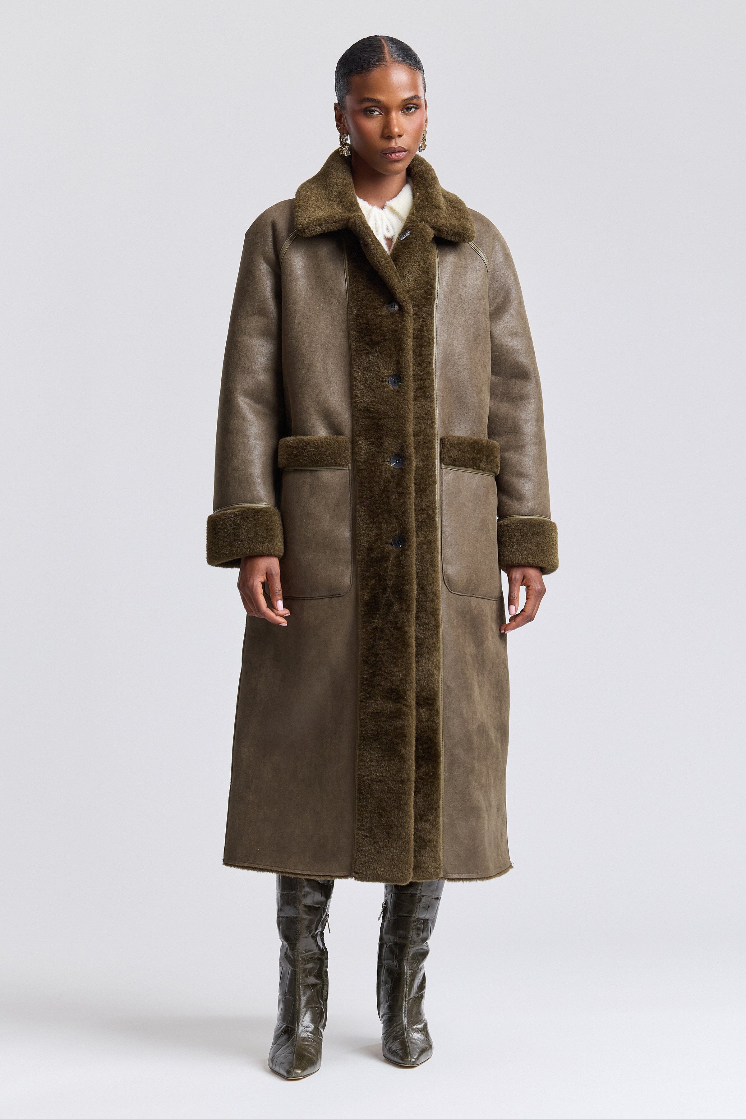 Dark olive faux shearling coat women with front button and raglan sleeves - Shop maxi coats by Avec Les Filles.