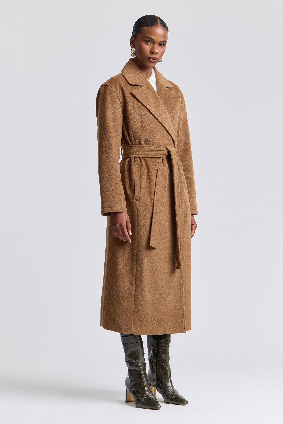Belted brown faux wool coat with removable belt - Shop designer women's maxi coats by Avec Les Filles.