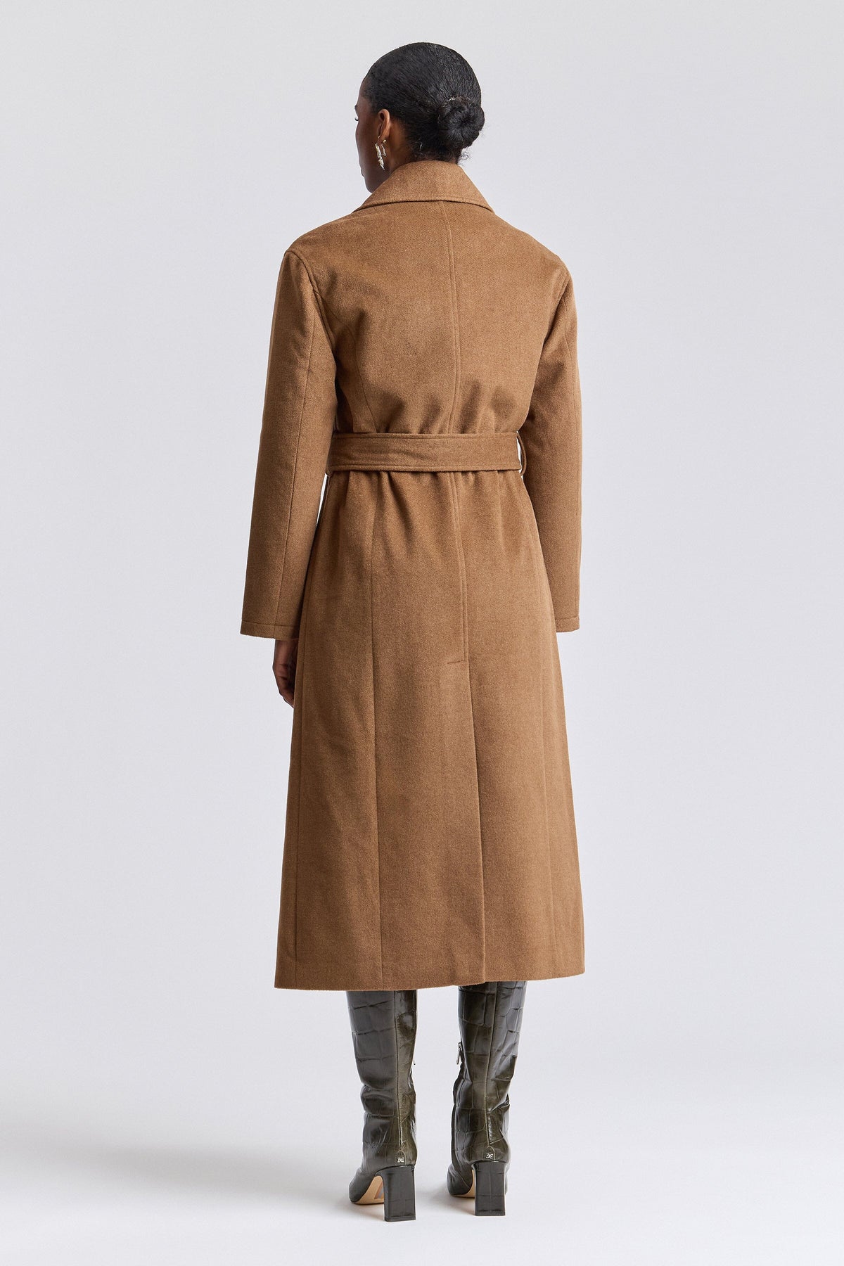 Brown belted faux wool coat womens with removable belt - Shop designer maxi coats by Avec Les Filles.