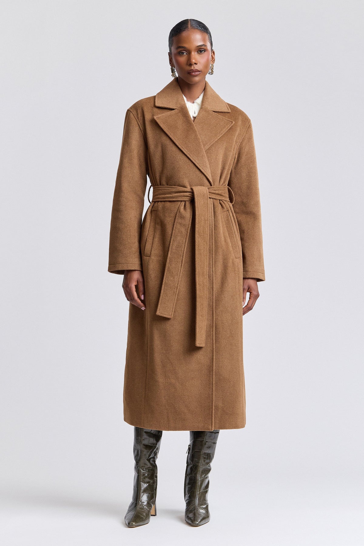 Belted brown long women coat with removable belt and button front - Shop designer maxi coats by Avec Les Filles.