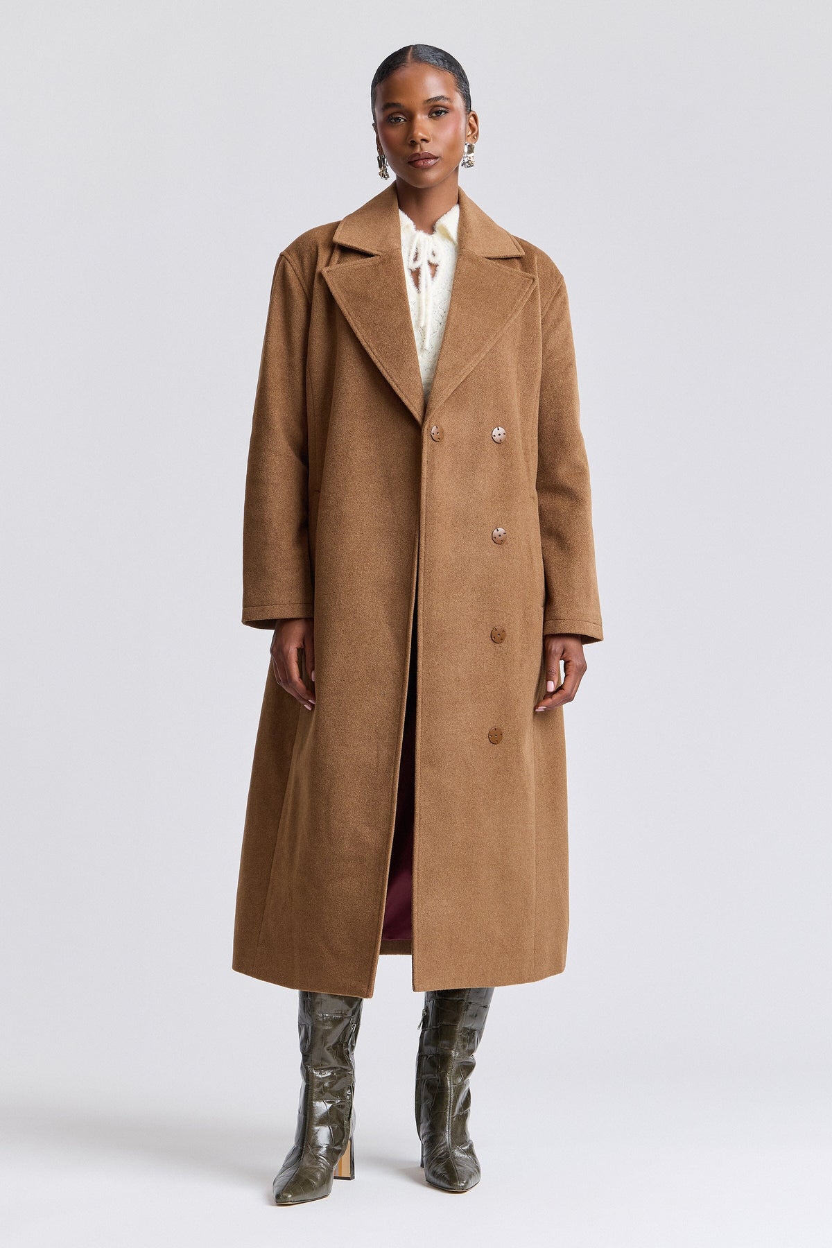 Faux-wool belted brown maxi coat with removable belt and button front - Shop women's maxi coats by Avec Les Filles.