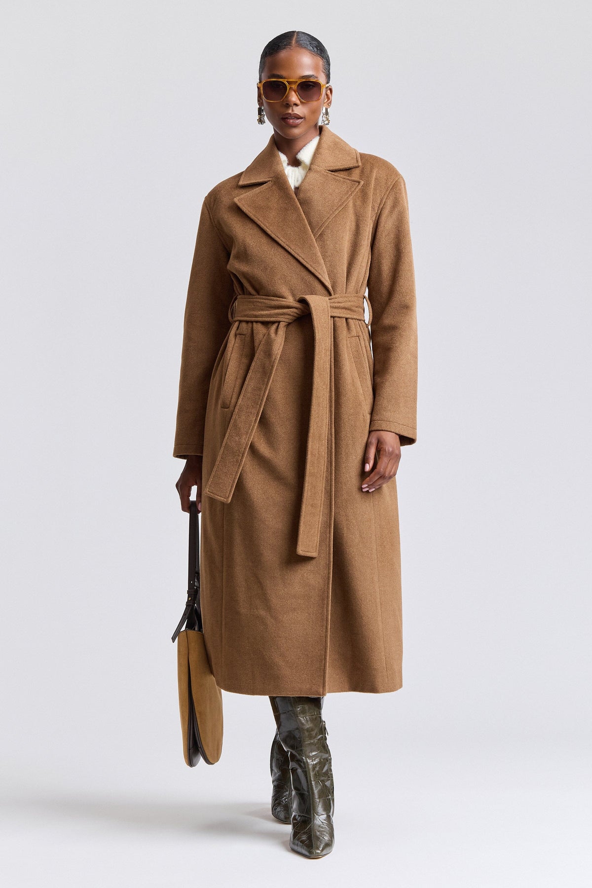 Faux-wool belted brown maxi coat with removable belt - Shop women's cute maxi coats by Avec Les Filles.