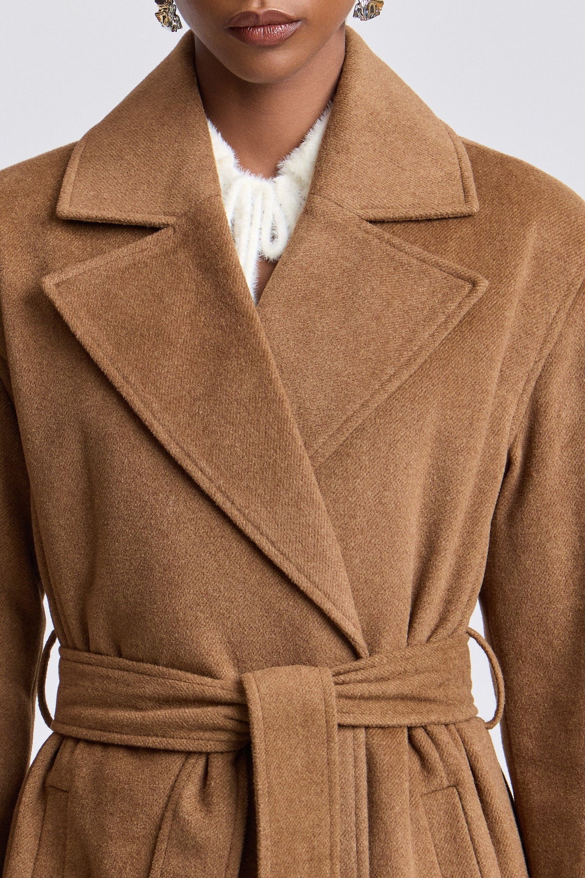 Faux-wool belted long brown coats for women with removable belt - Shop designer maxi coats by Avec Les Filles.