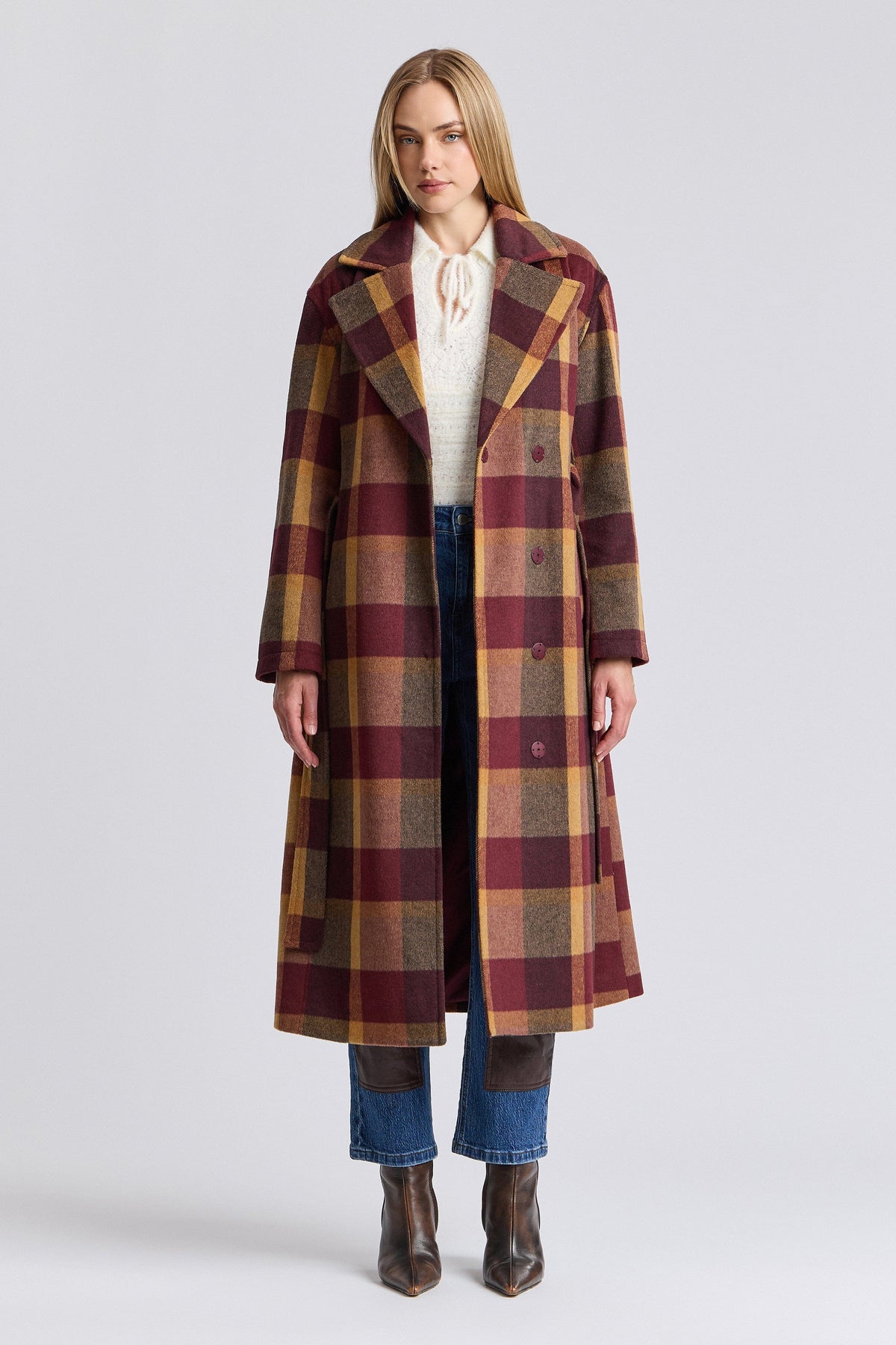Faux wool red plaid jacket coat with a belt - Shop women's cute plaid long maxi coats by Avec Les Filles.