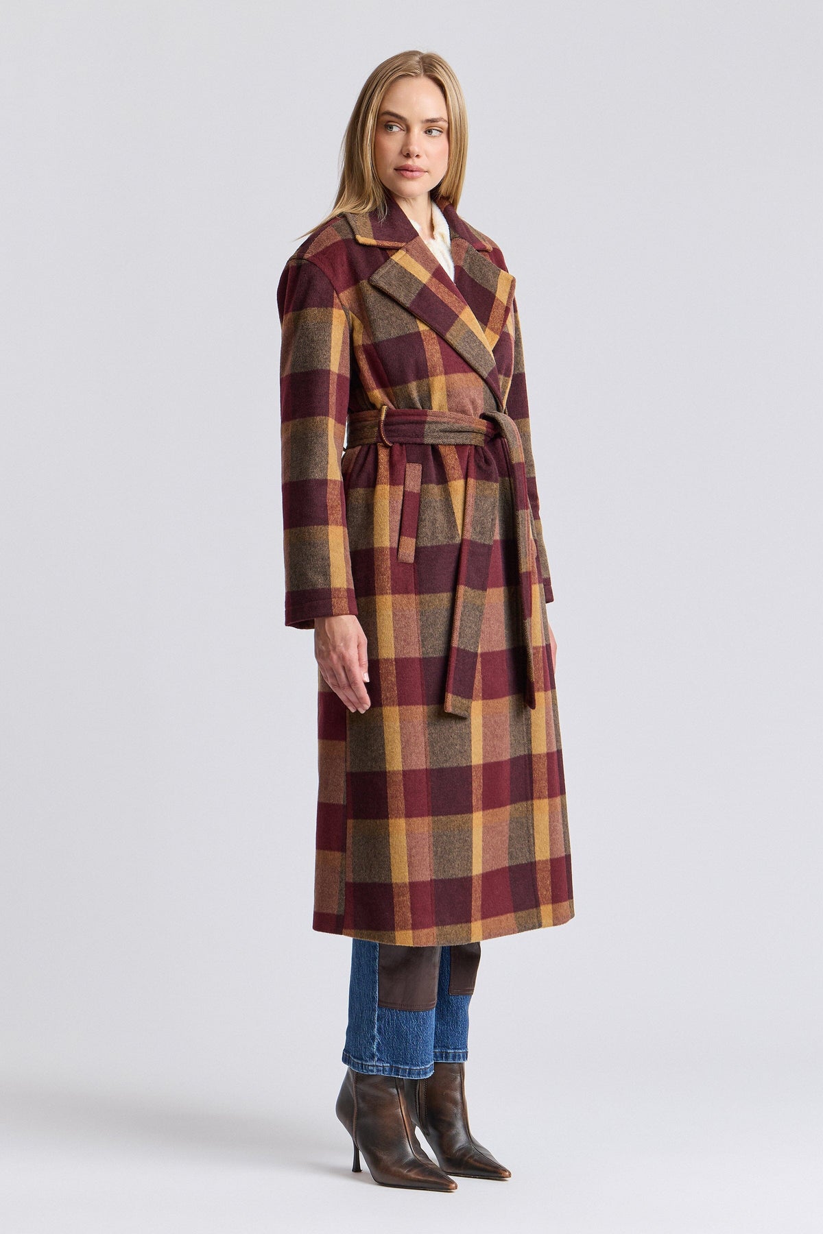 Faux wool red plaid coat long with a belt - Shop designer women's plaid long maxi coats by Avec Les Filles.
