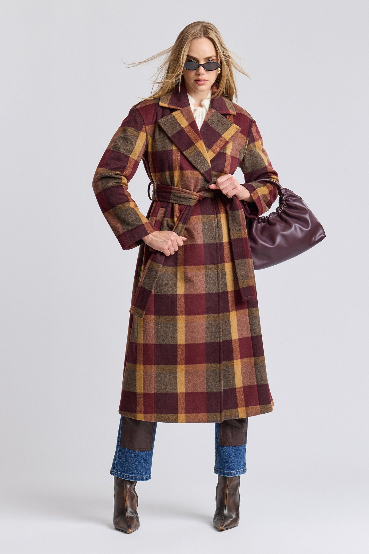 Faux wool red plaid long jacket with a belt - Shop designer women's plaid long maxi coats by Avec Les Filles.
