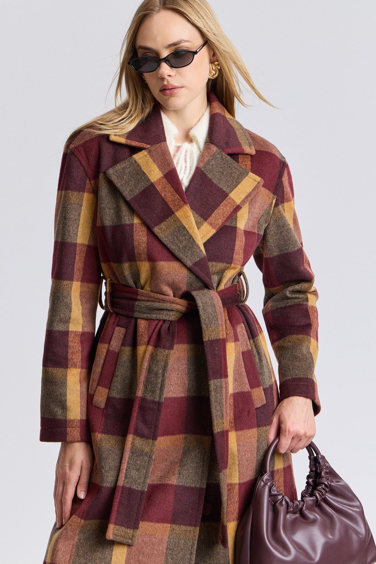 Burgundy plaid faux wool coat with a belt - Shop women's cute plaid long maxi coats by Avec Les Filles.