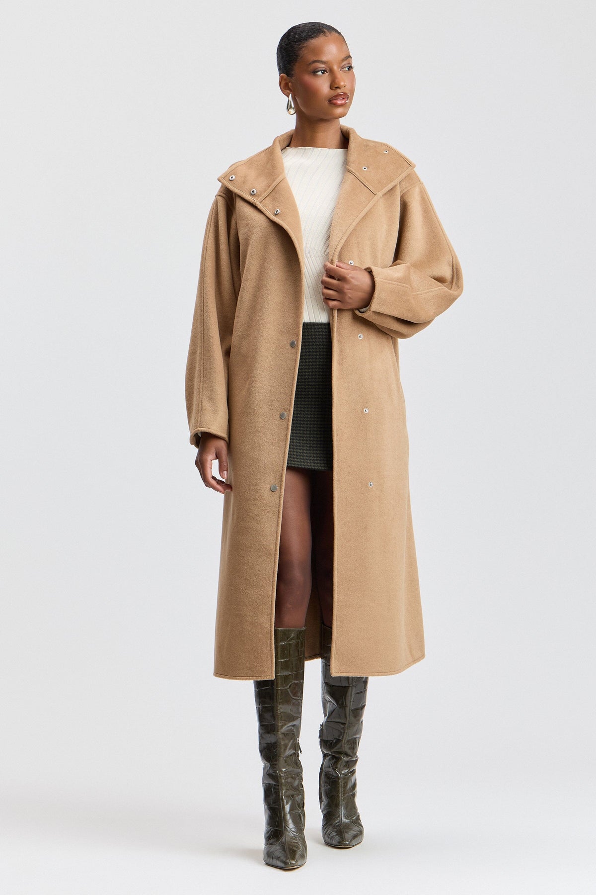 Faux wool oversized long tan coat with funnel neck and snap front - Shop women's long coats by Avec Les Filles.