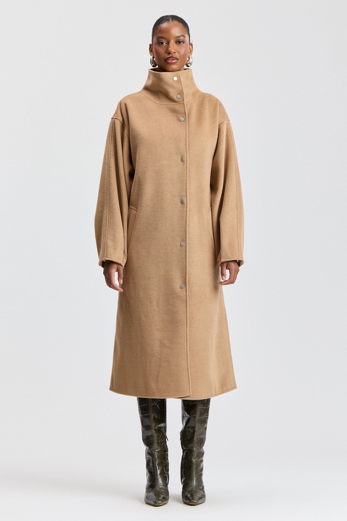 Faux wool oversized funnel neck coat with snap front - Shop designer women's long coats by Avec Les Filles.