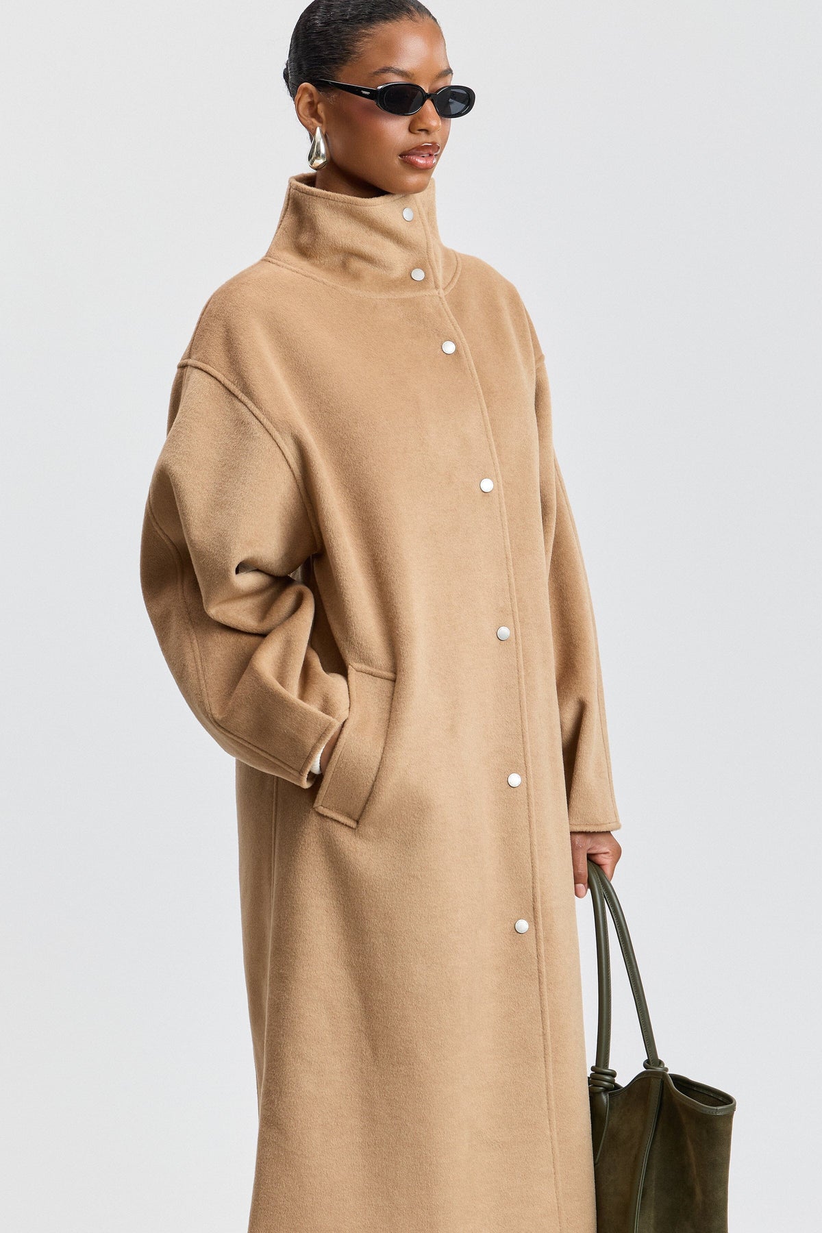 Double-faced oversized long tan coat with funnel neck and snap front - Shop women's long coats by Avec Les Filles.