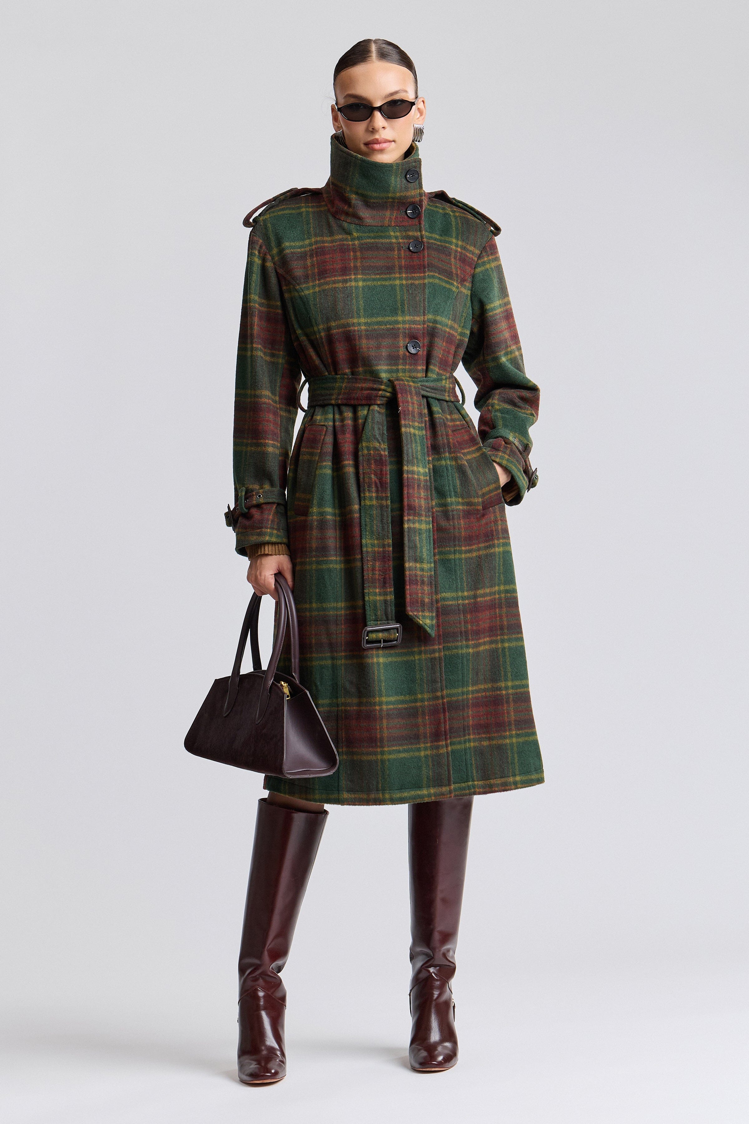 Faux wool plaid trench coat with funnel neck and removable belt - Shop women's long trench coats by Avec Les Filles.