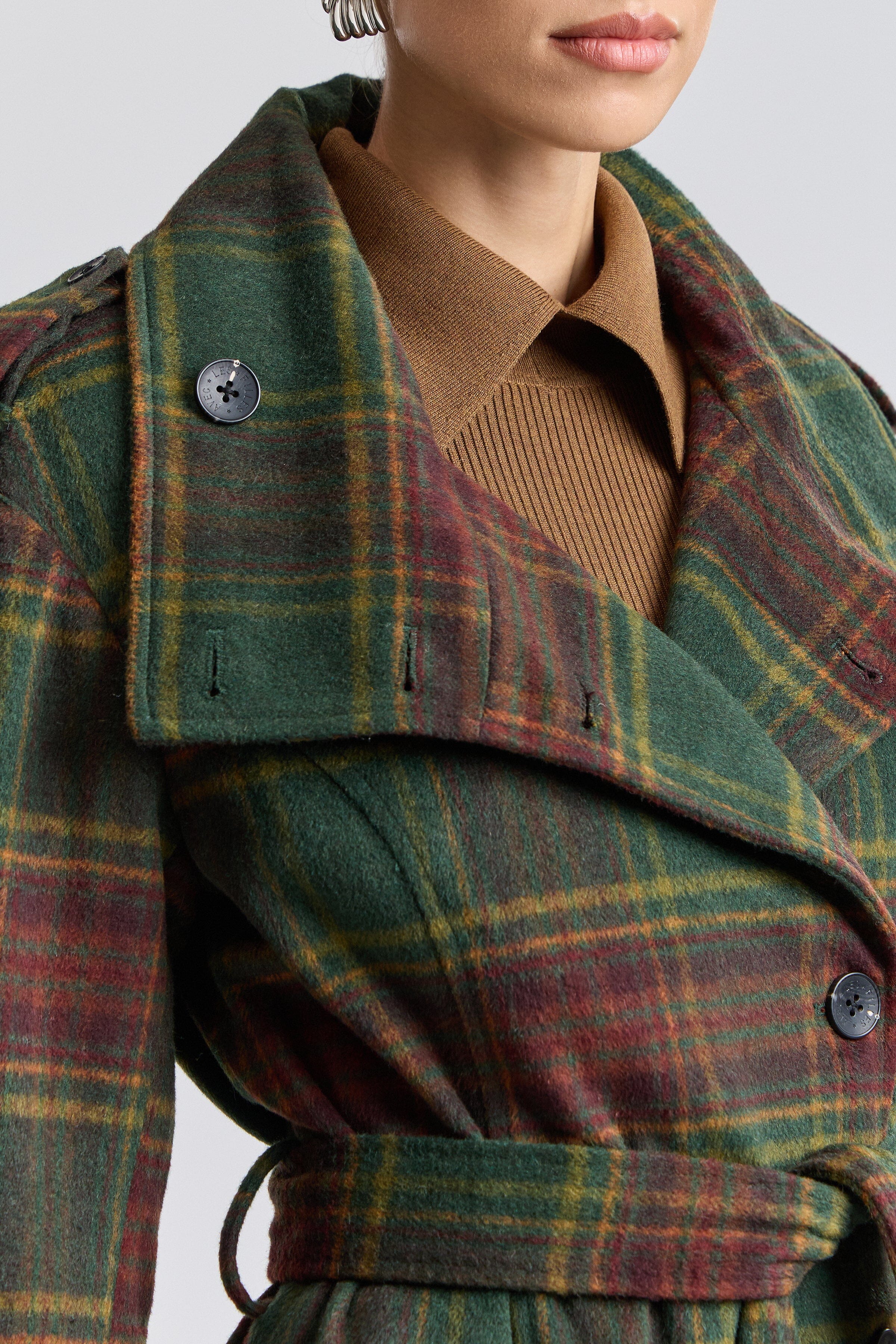 Faux wool plaid belted trench coat with funnel neckline - Shop designer women's long trench coats by Avec Les Filles.