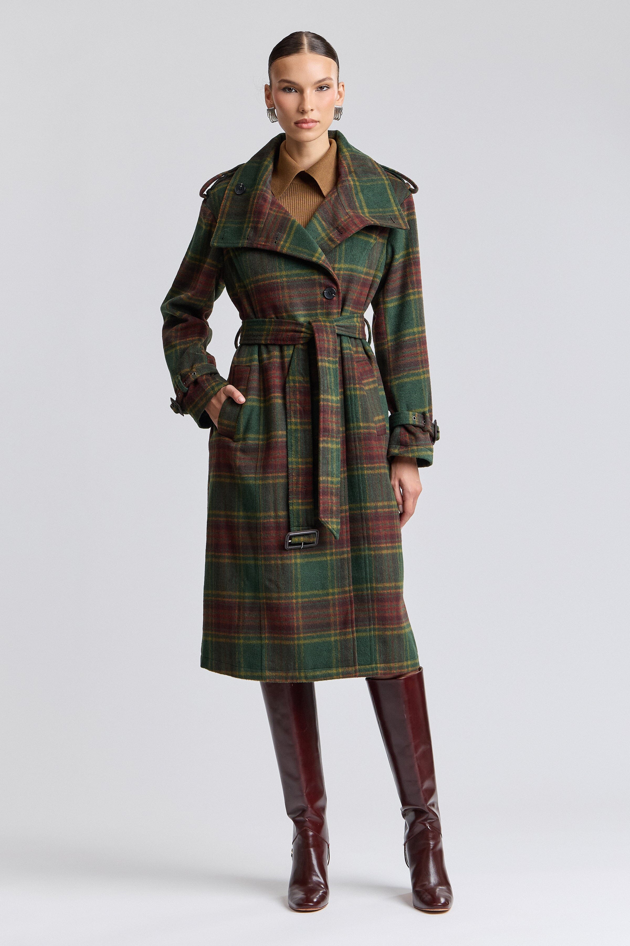 Faux wool plaid trench coat with funnel neck and removable belt - Shop women's long trench coats by Avec Les Filles.