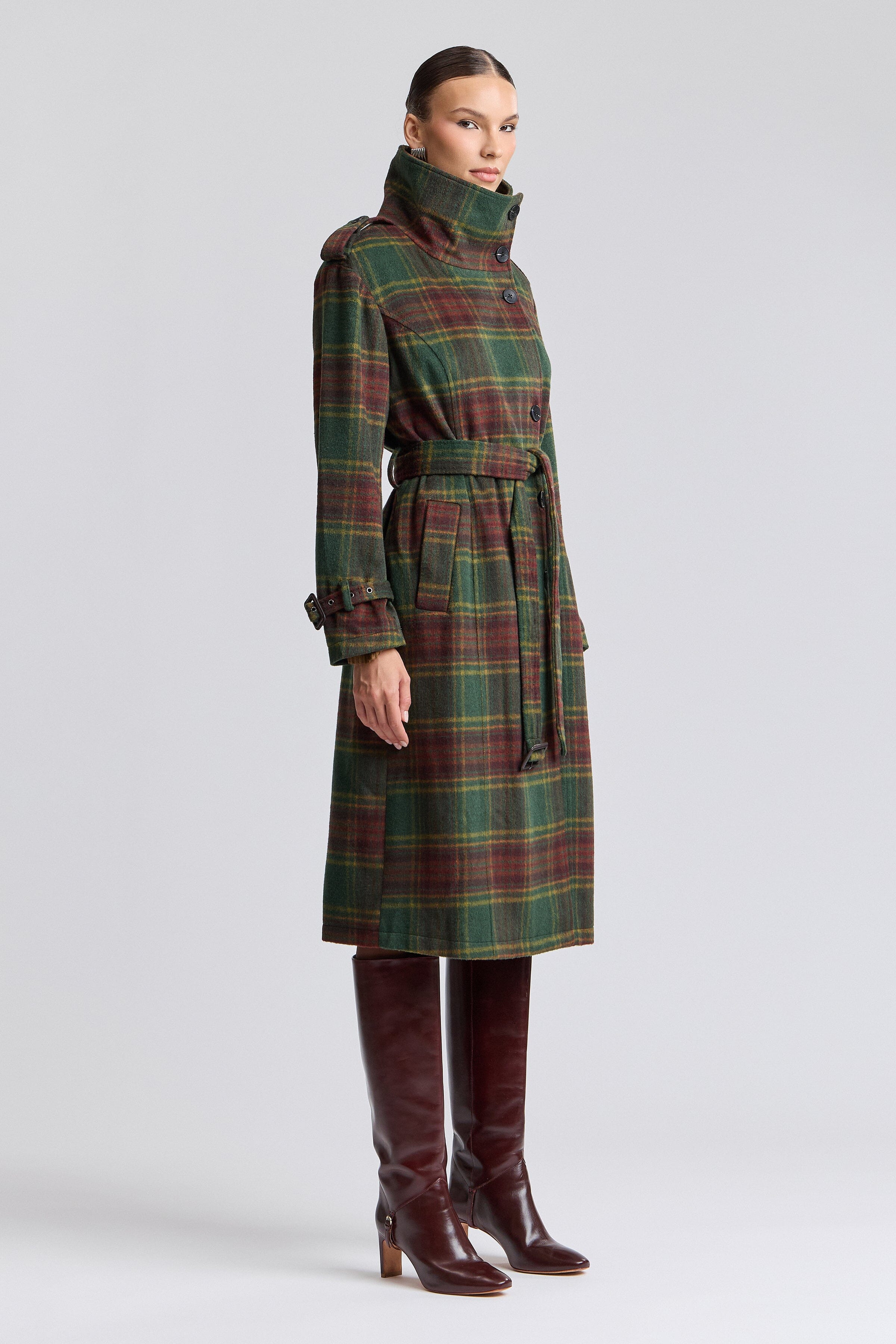 Plaid trench coat with funnel neck and removable belt - Shop best trench coats for women by Avec Les Filles.