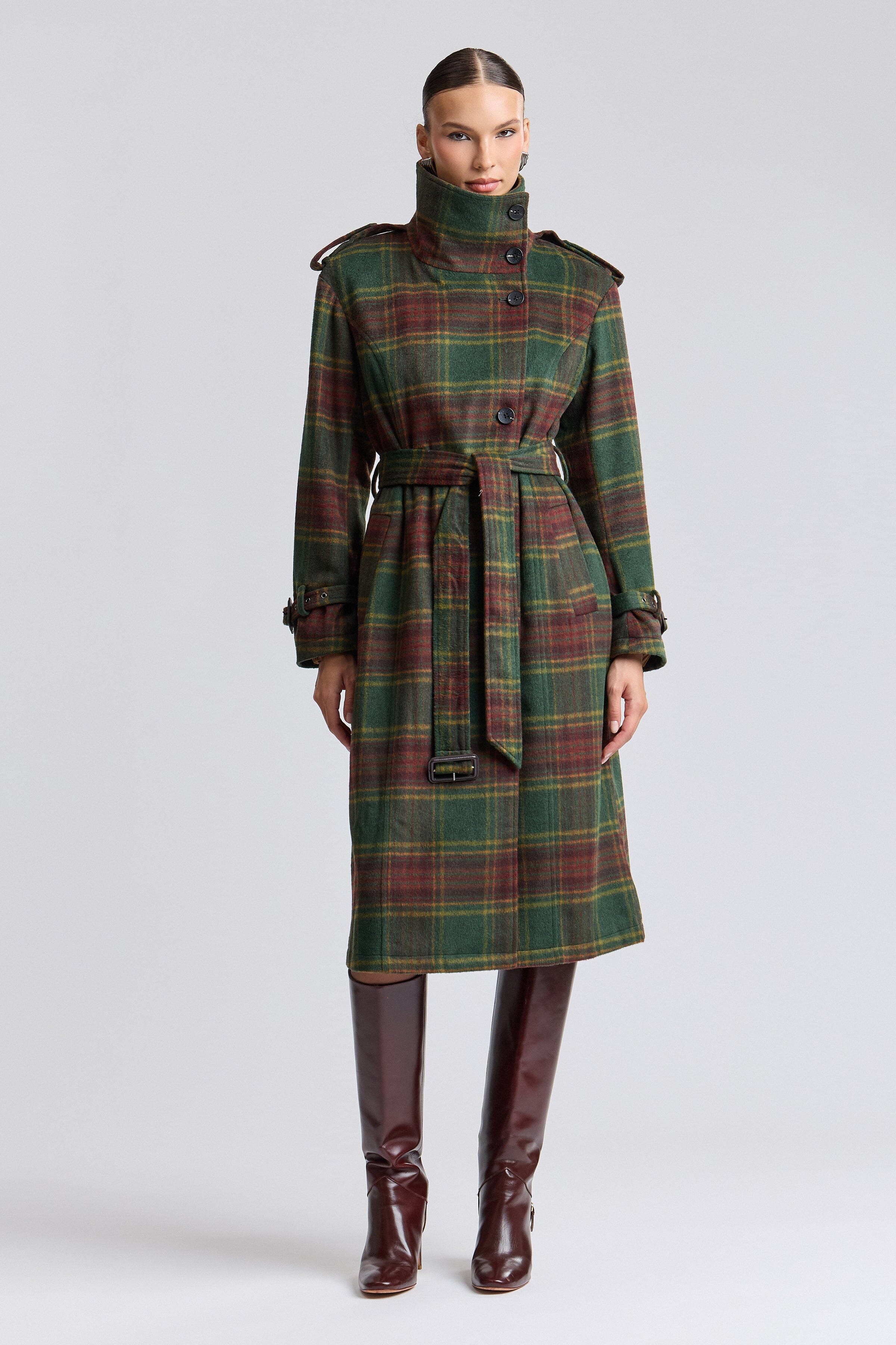 Plaid long trench coat with funnel neck and removable belt - Shop women's long trench coats by Avec Les Filles.