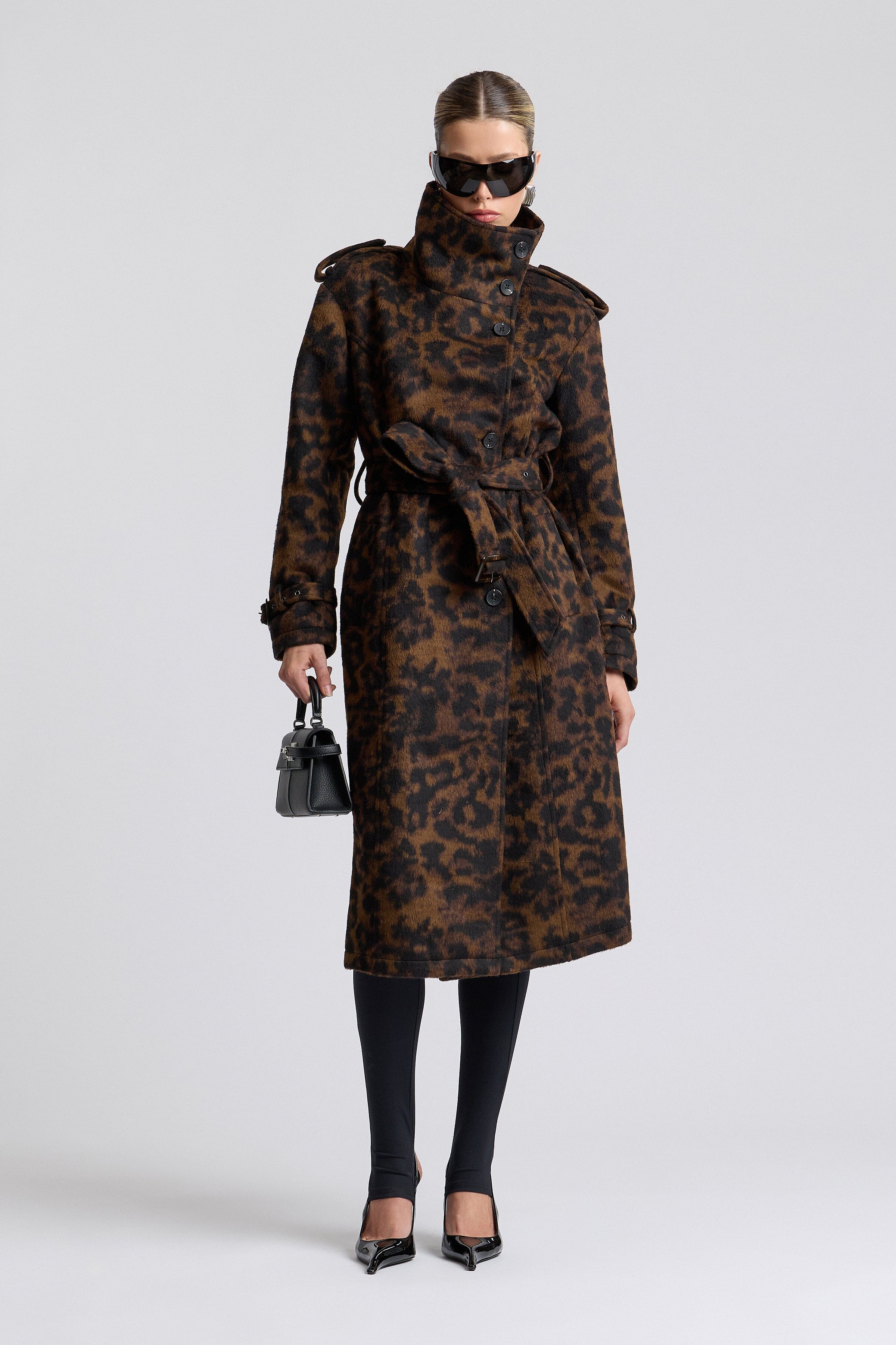 Faux wool black and brown leopard print trench coat with removable belt - Shop women's trench coats by Avec Les Filles.