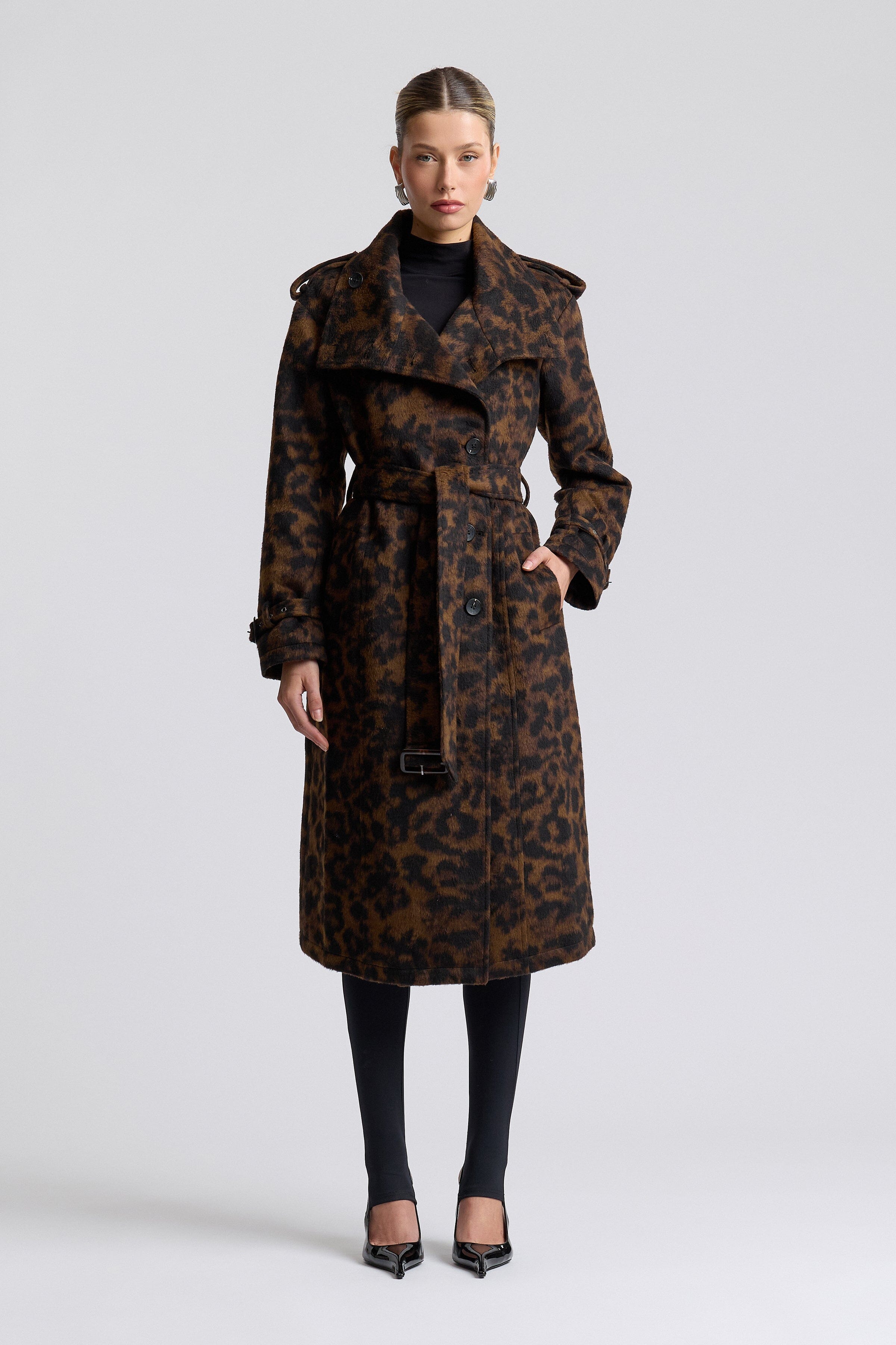 Faux wool black and brown leopard trench coat with removable belt - Shop designer women's trench coats by Avec Les Filles.