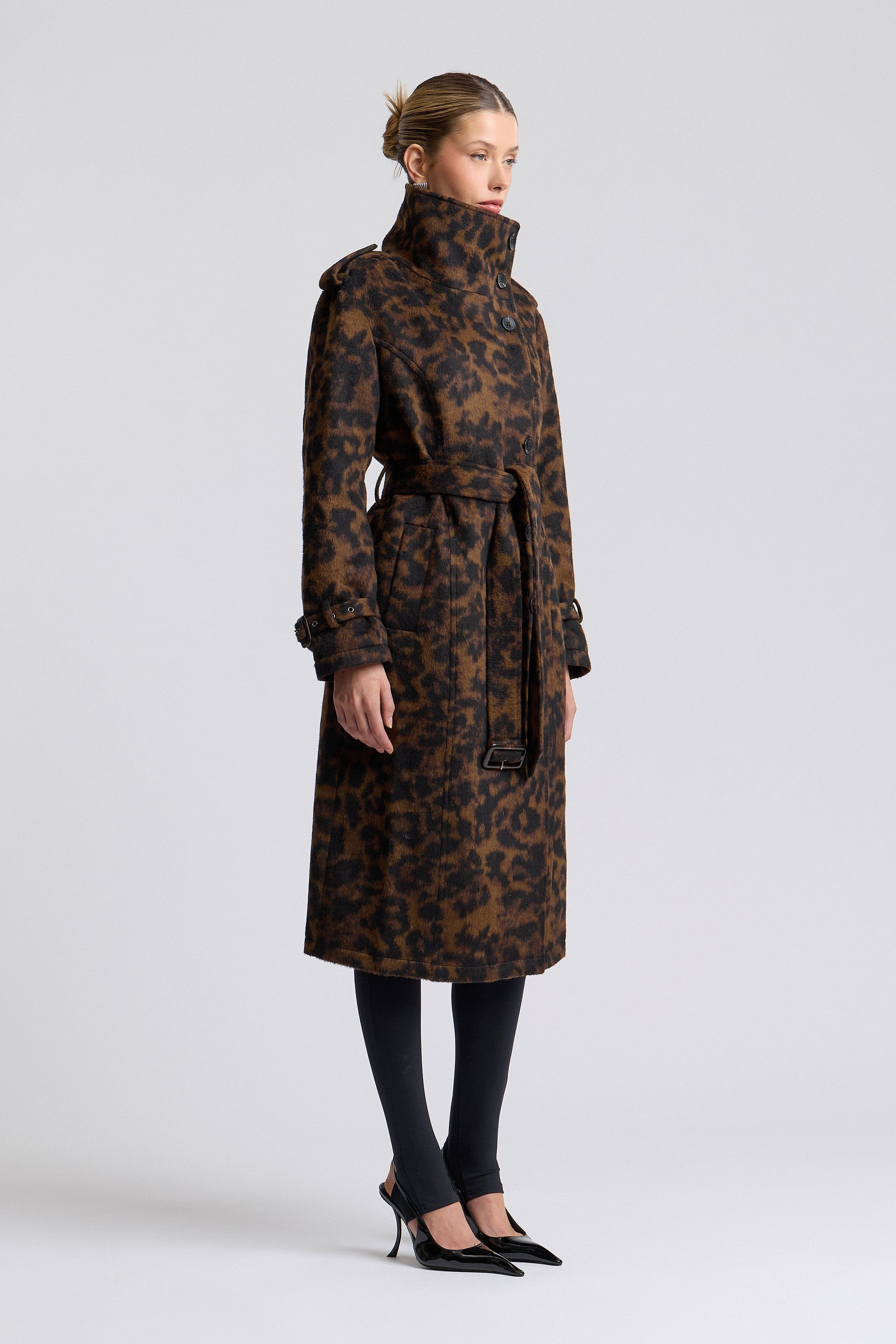 Faux wool leopard print trench coat with funnel neck and removable belt - Shop women's trench coats by Avec Les Filles.