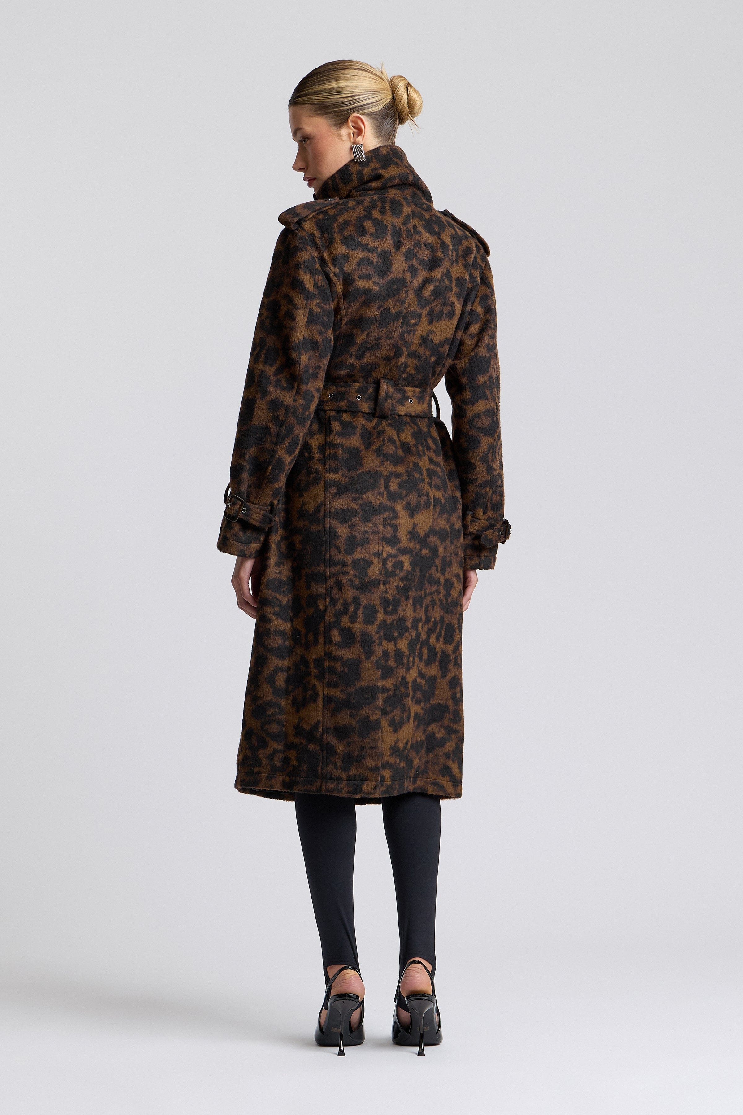 Faux wool black and brown leopard print trench coat - Shop designer best trench coats for women by Avec Les Filles.