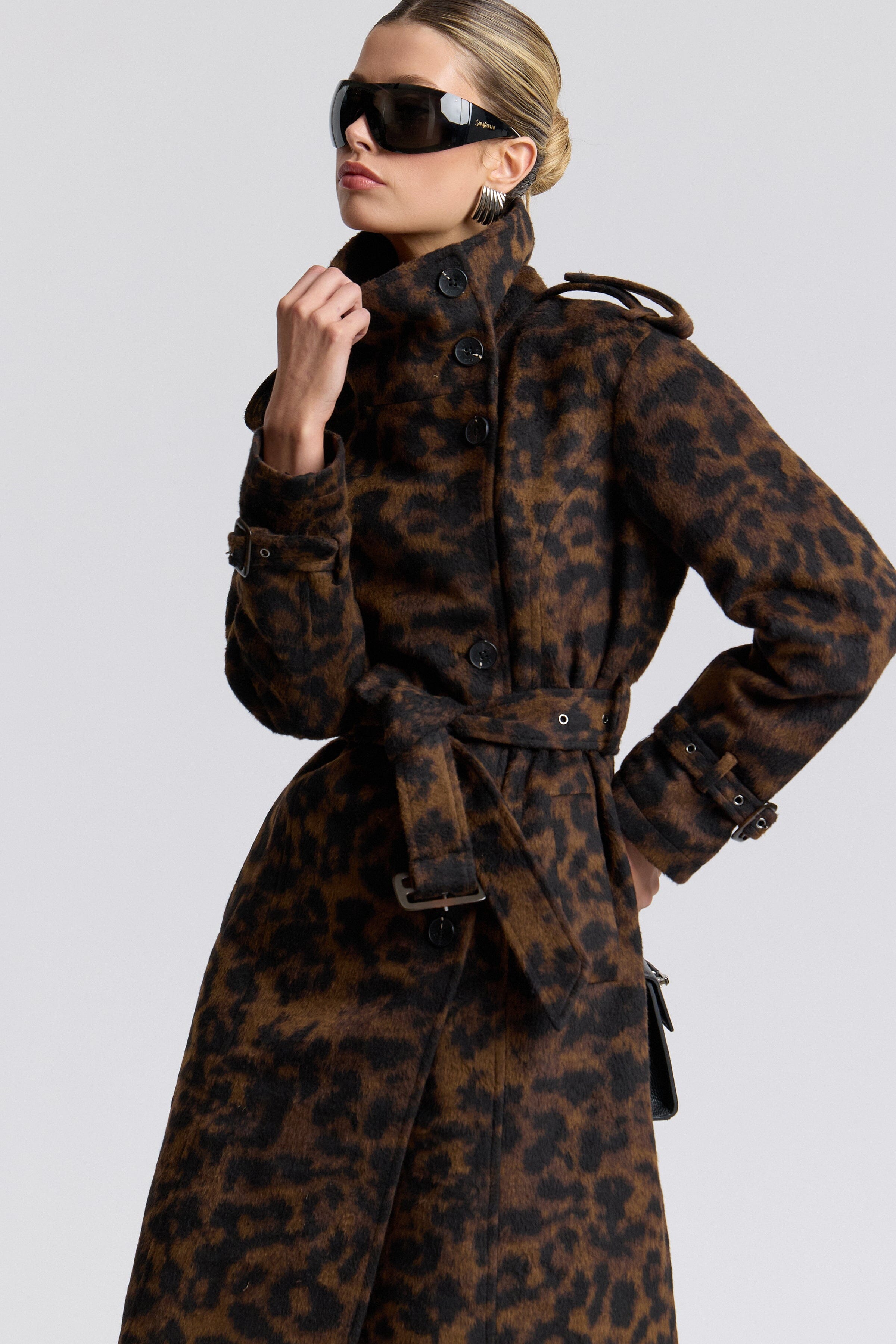 Faux wool leopard print belted trench coat with funnel neck and removable belt - Shop trench coats by Avec Les Filles.