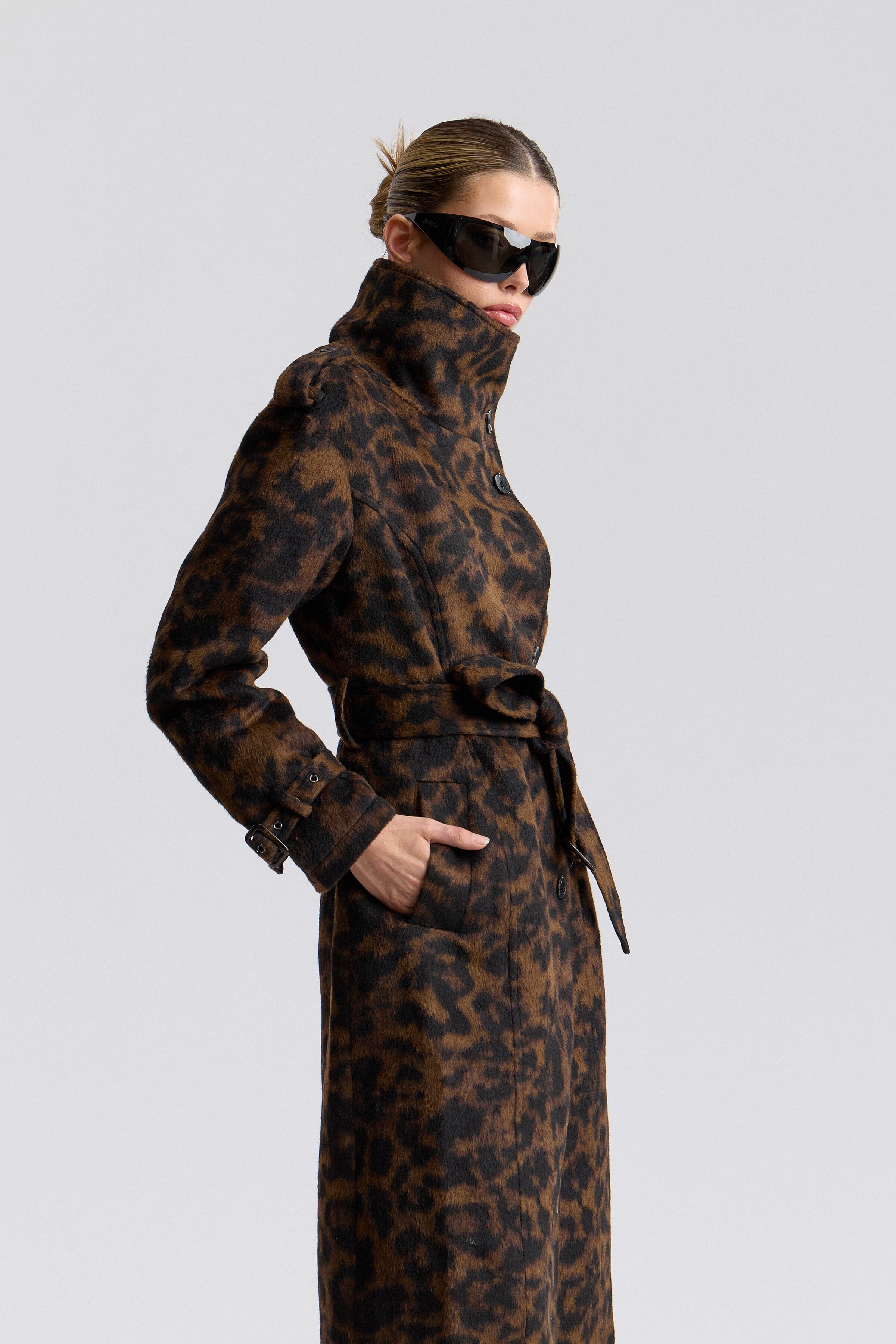 Faux wool black and brown leopard print belted trench coat with funnel neckline and removable belt by Avec Les Filles.