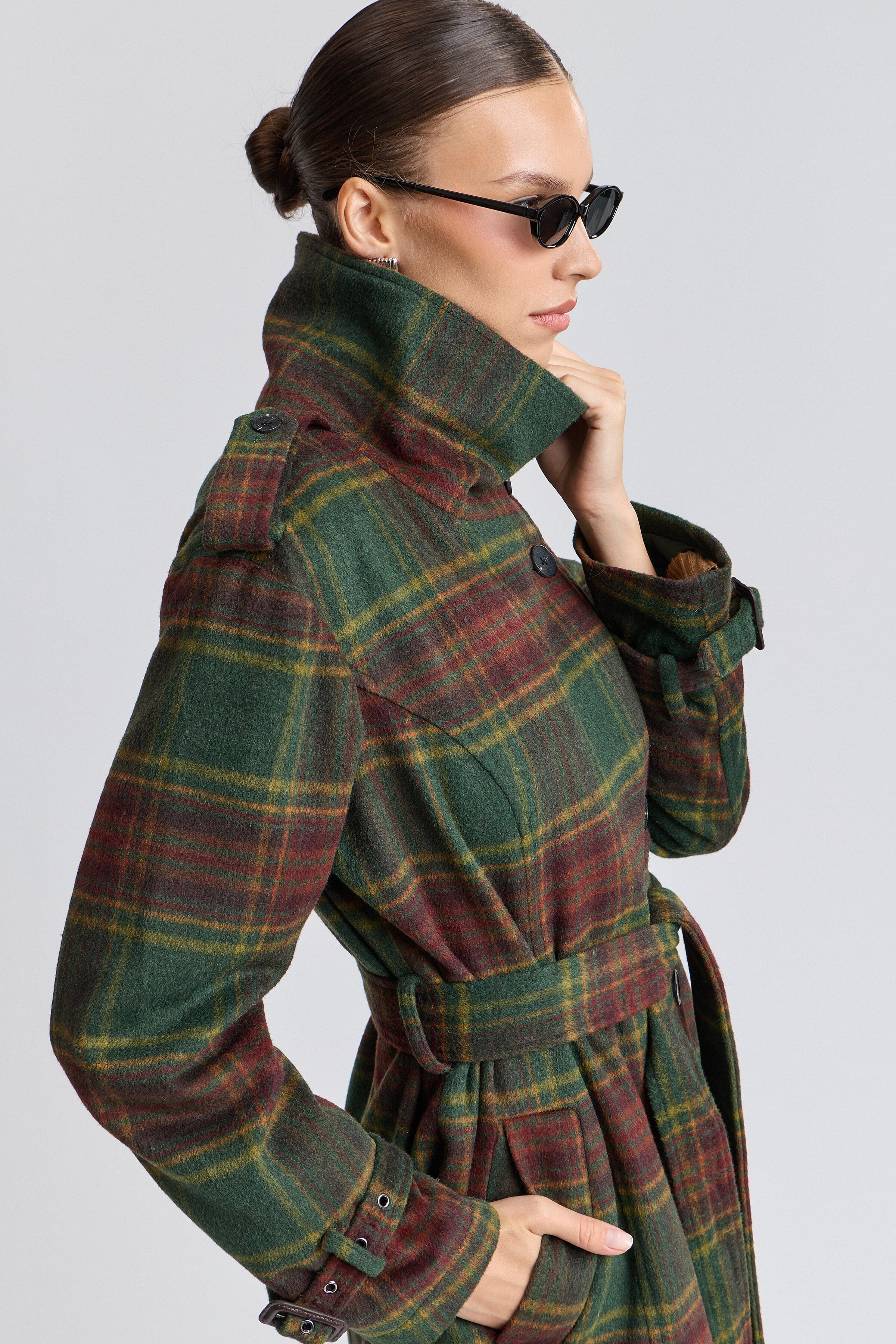 Faux wool plaid trench coat with funnel neckline - Shop designer women's long trench coats by Avec Les Filles.