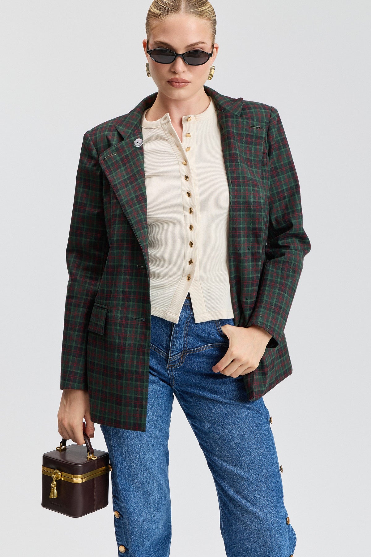 Stand Collar Plaid Blazer Coats & Jackets Avec Les Filles 