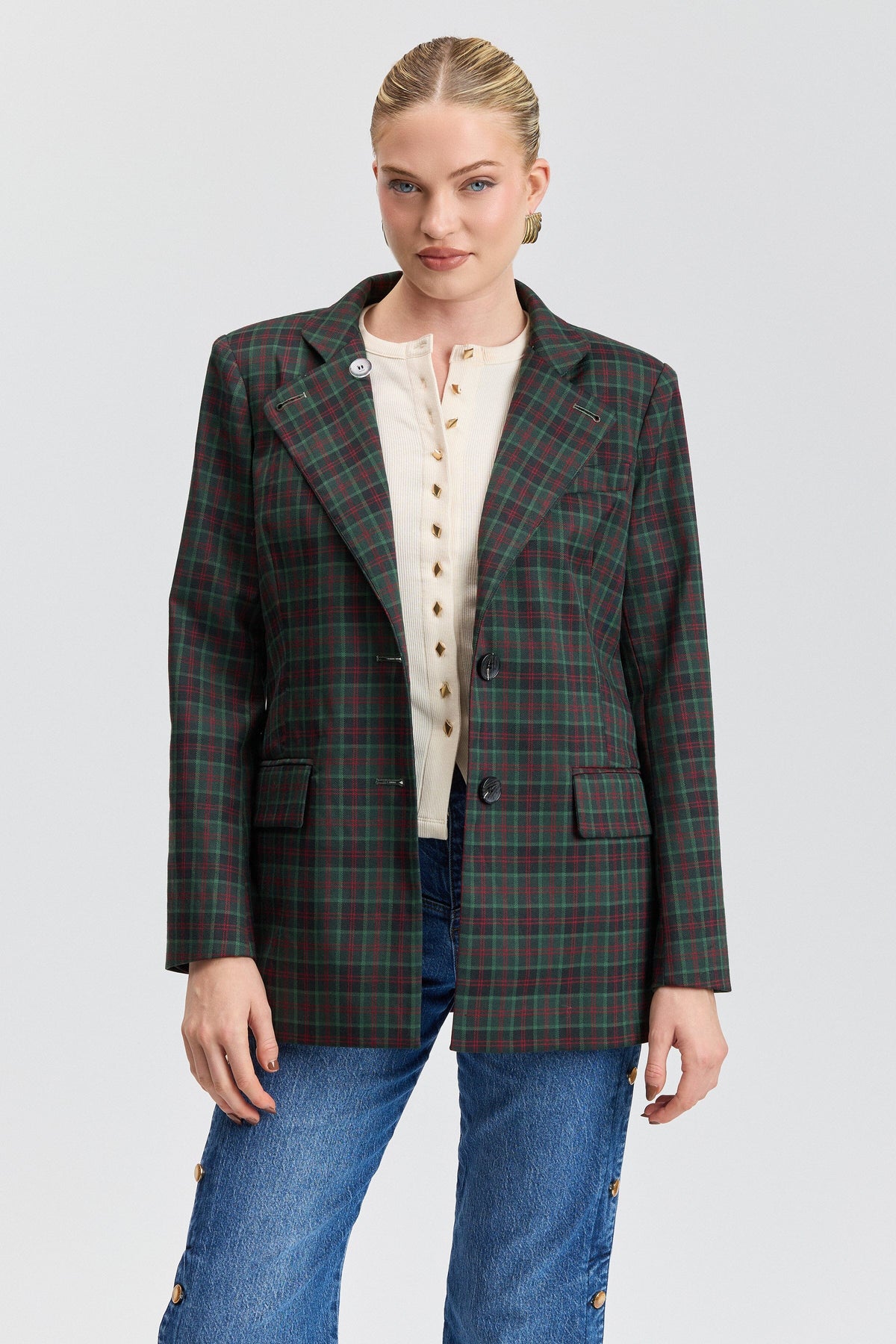 Stand Collar Plaid Blazer Coats & Jackets Avec Les Filles 