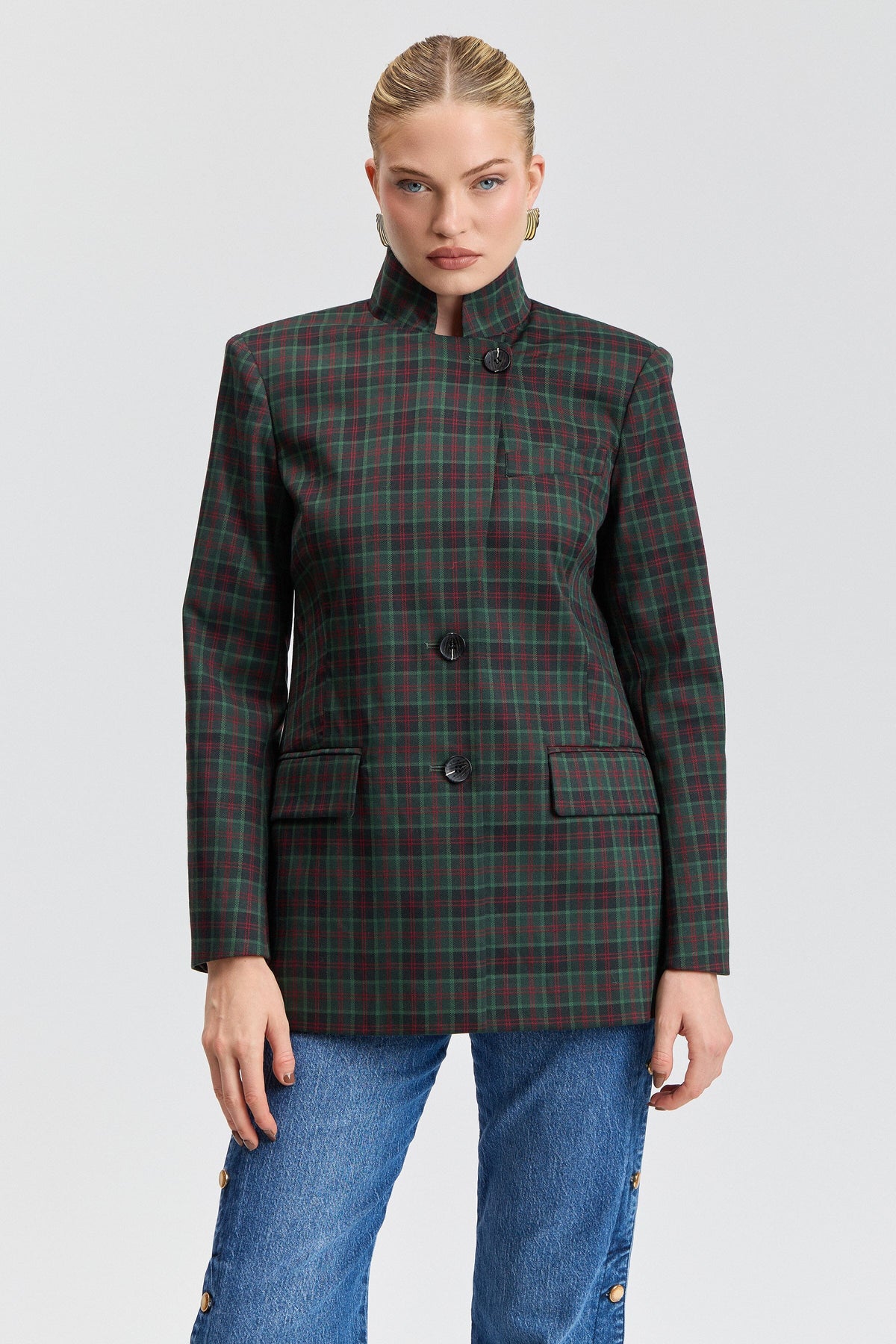 Stand Collar Plaid Blazer Coats & Jackets Avec Les Filles 
