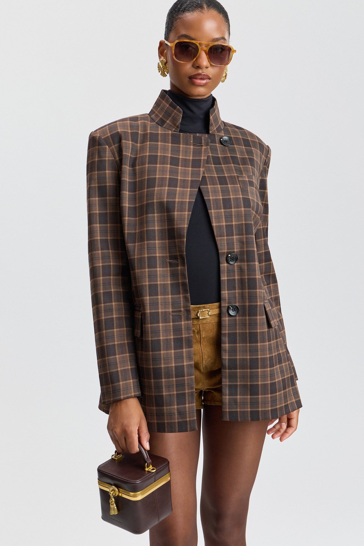 Stand Collar Plaid Blazer Coats & Jackets Avec Les Filles 