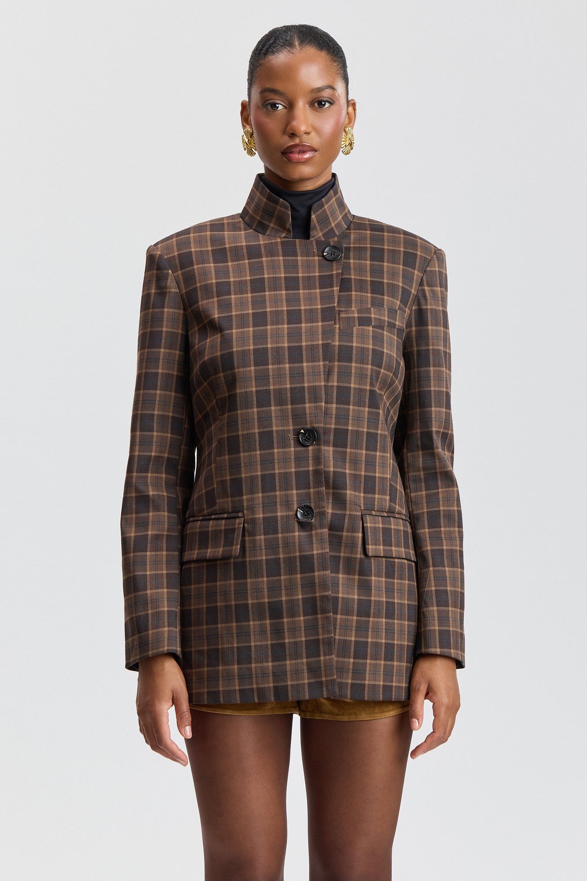 Stand Collar Plaid Blazer Coats & Jackets Avec Les Filles Mocha Check XS 